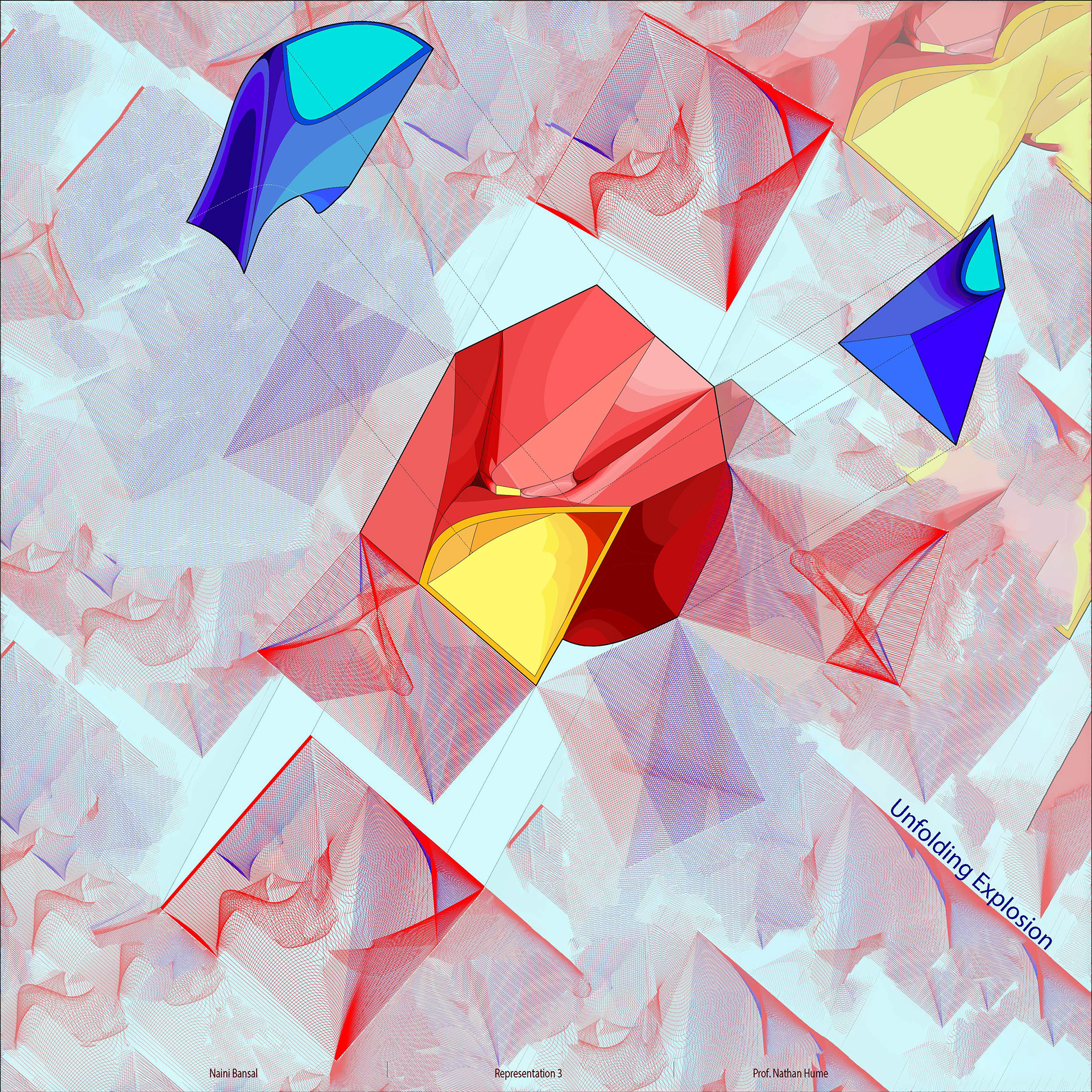 "Containing the form in a titled box, its irregularities were pushed in the center. Using Contours, the box was unrolled, and the insides were exploded out as form continued to unroll."