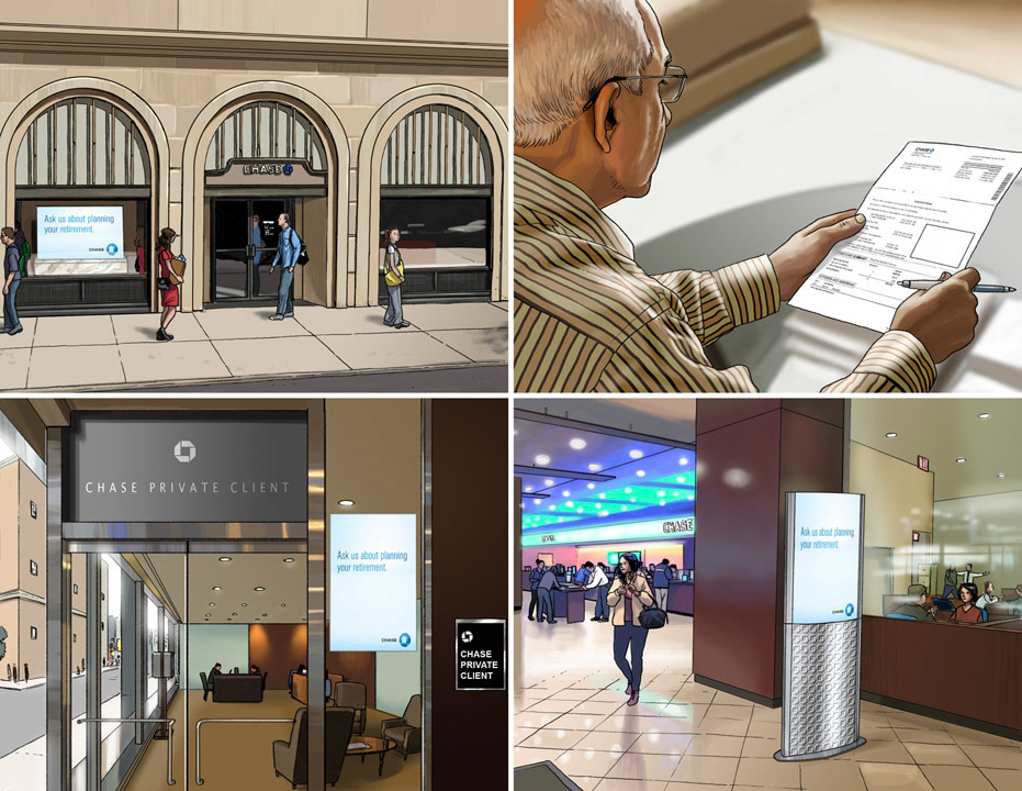 Storyboard samples for a Chase Bank campaign.