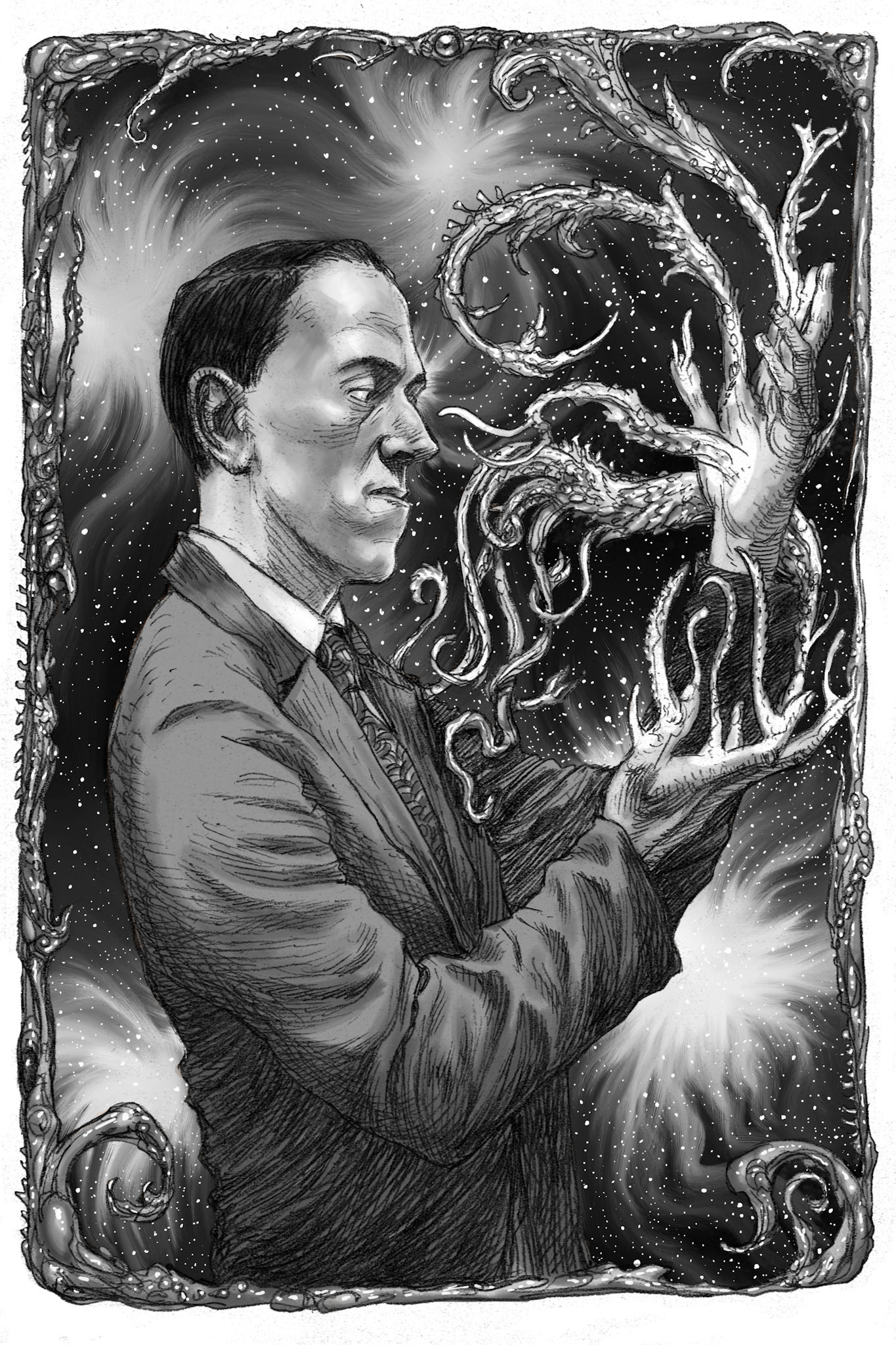 Cosmicism, a portrait of H.P. Lovecraft for Eldritch Tales, by Raven God Games.