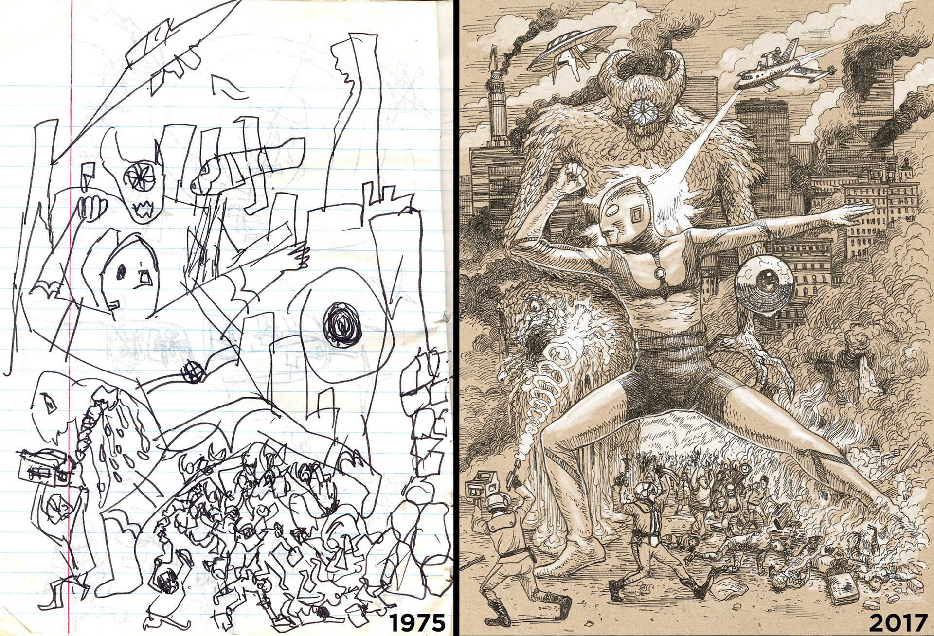 Ultraman vs. Cathedral Head Redrawn. Re-created from a drawing I did in 1975.
