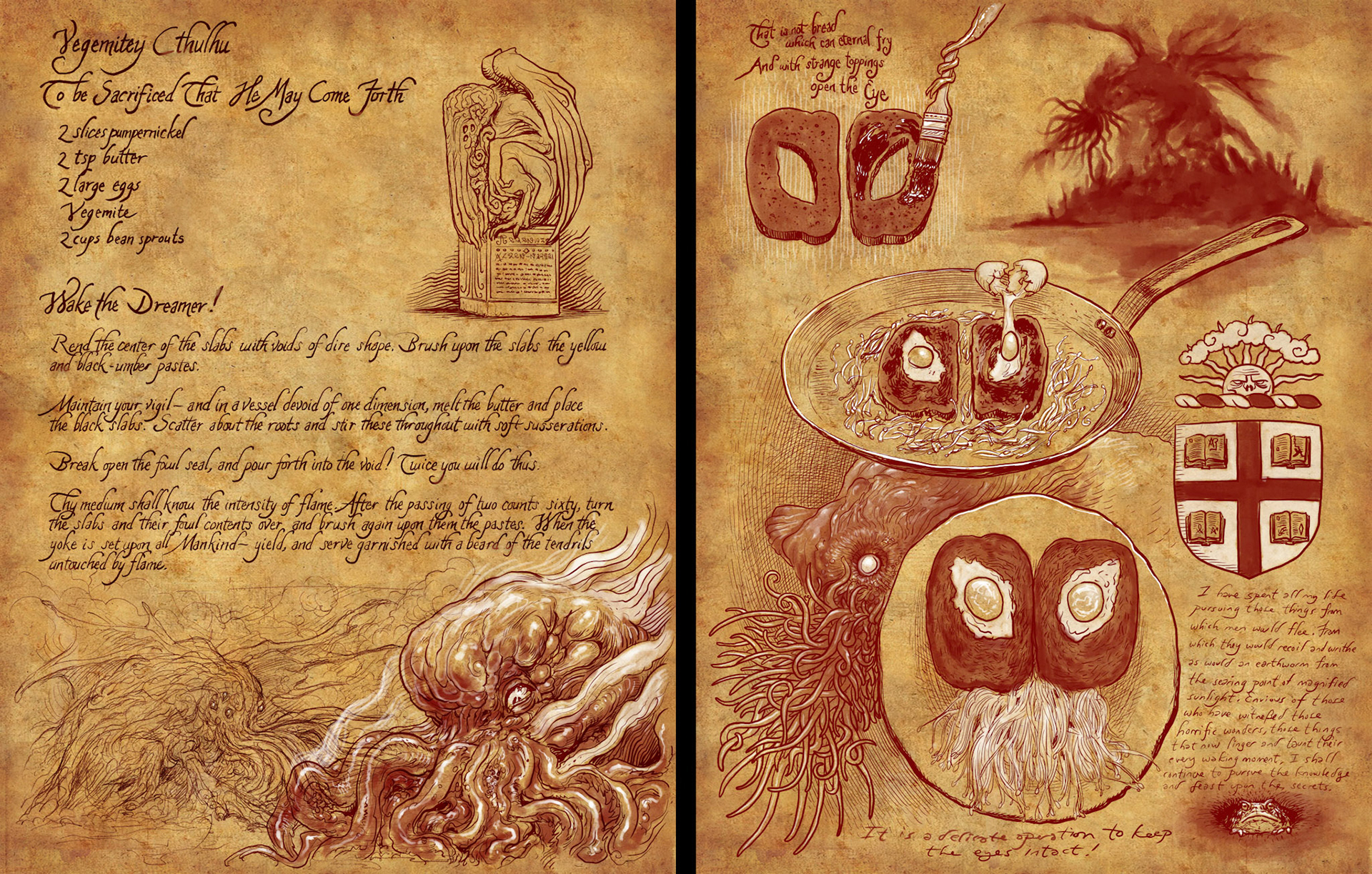 Two page spread of Vegemitey Cthulhu, from The Necronomnomnom, a Lovecraftian Cookbook, written by Mike Slater.