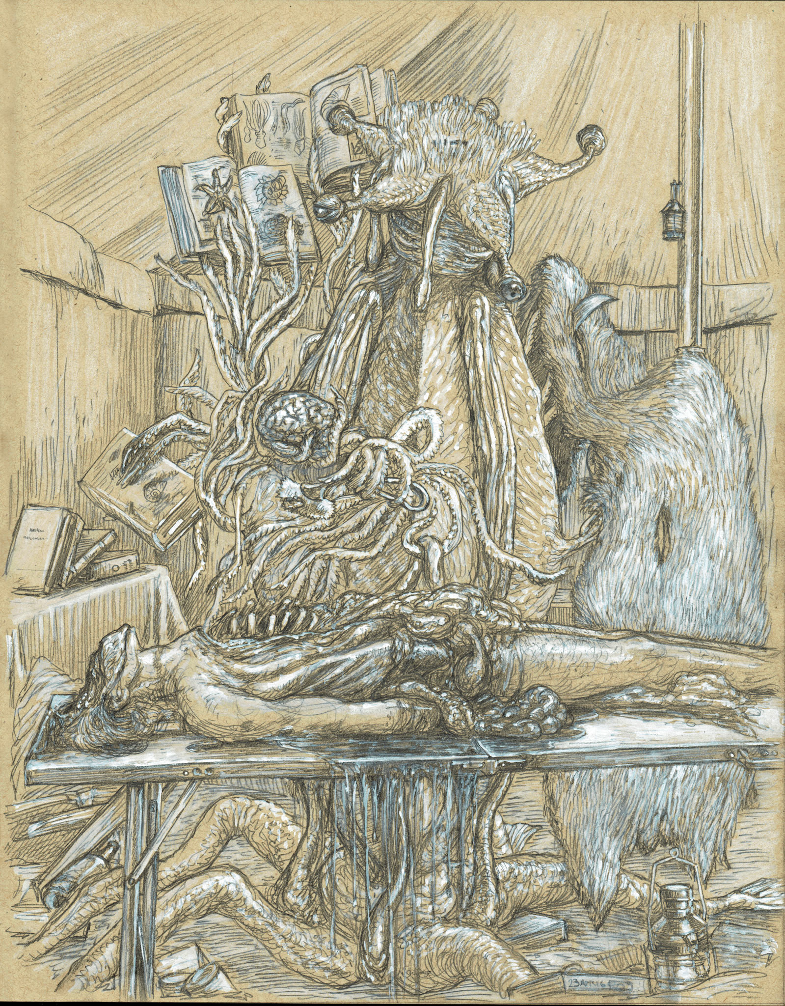 Elder One Dissection of a Human, mechanical pencil and gouache.