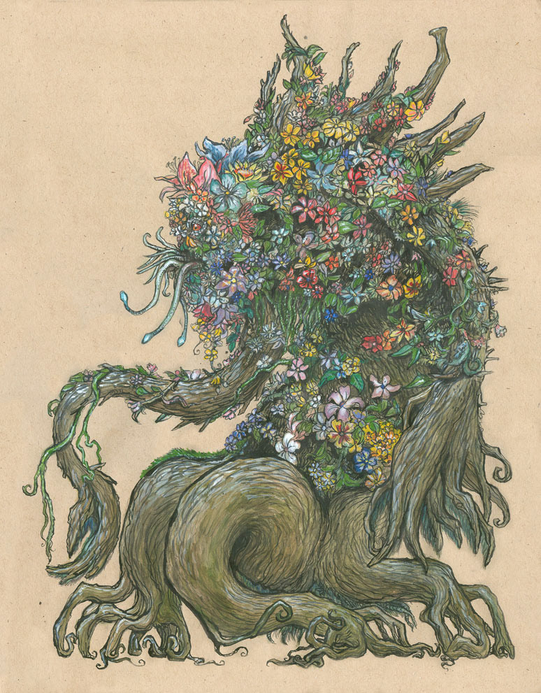 Floral Beast, ink and watercolor.