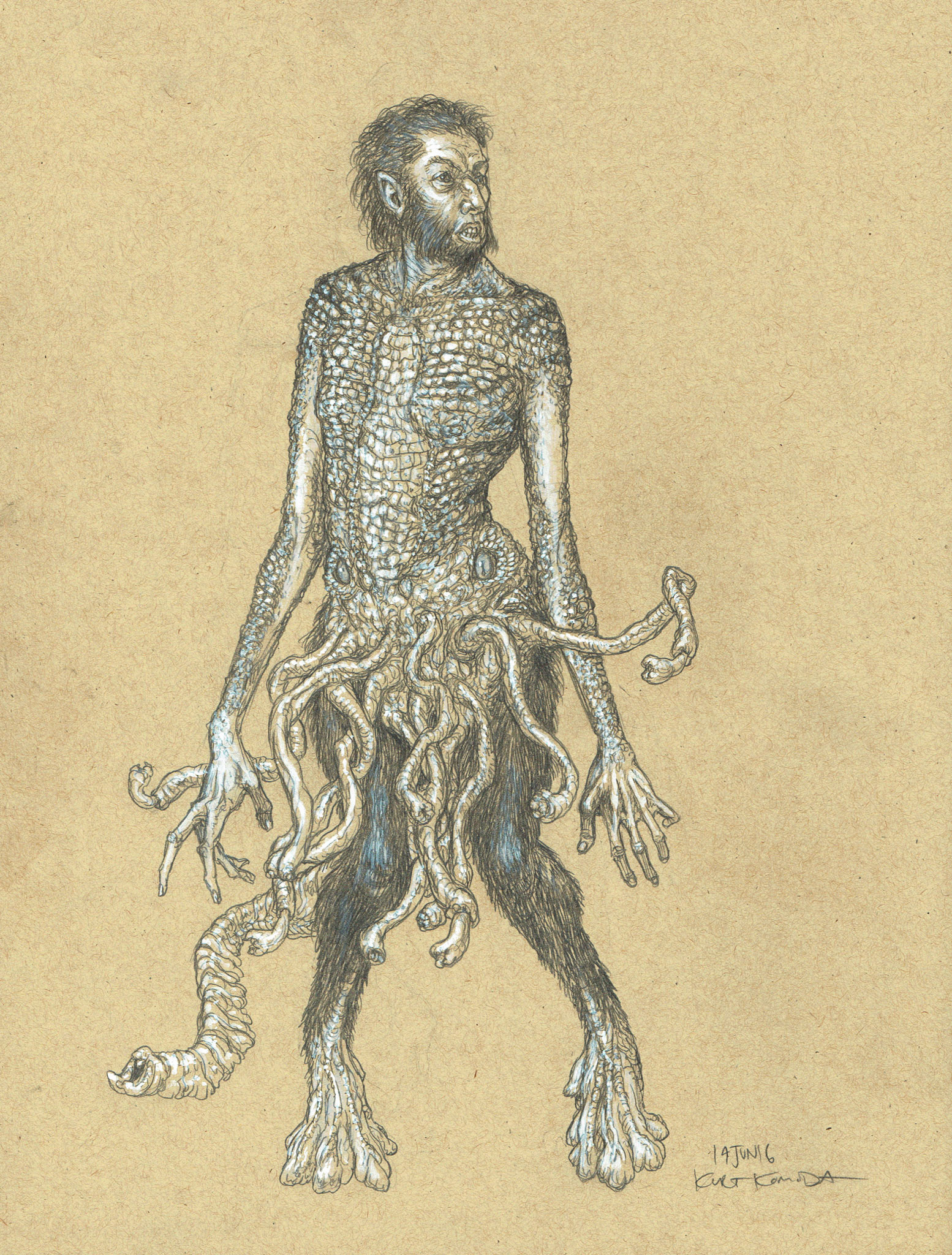 Wilbur Whateley, pencil and gouache. Still not happy with this design.