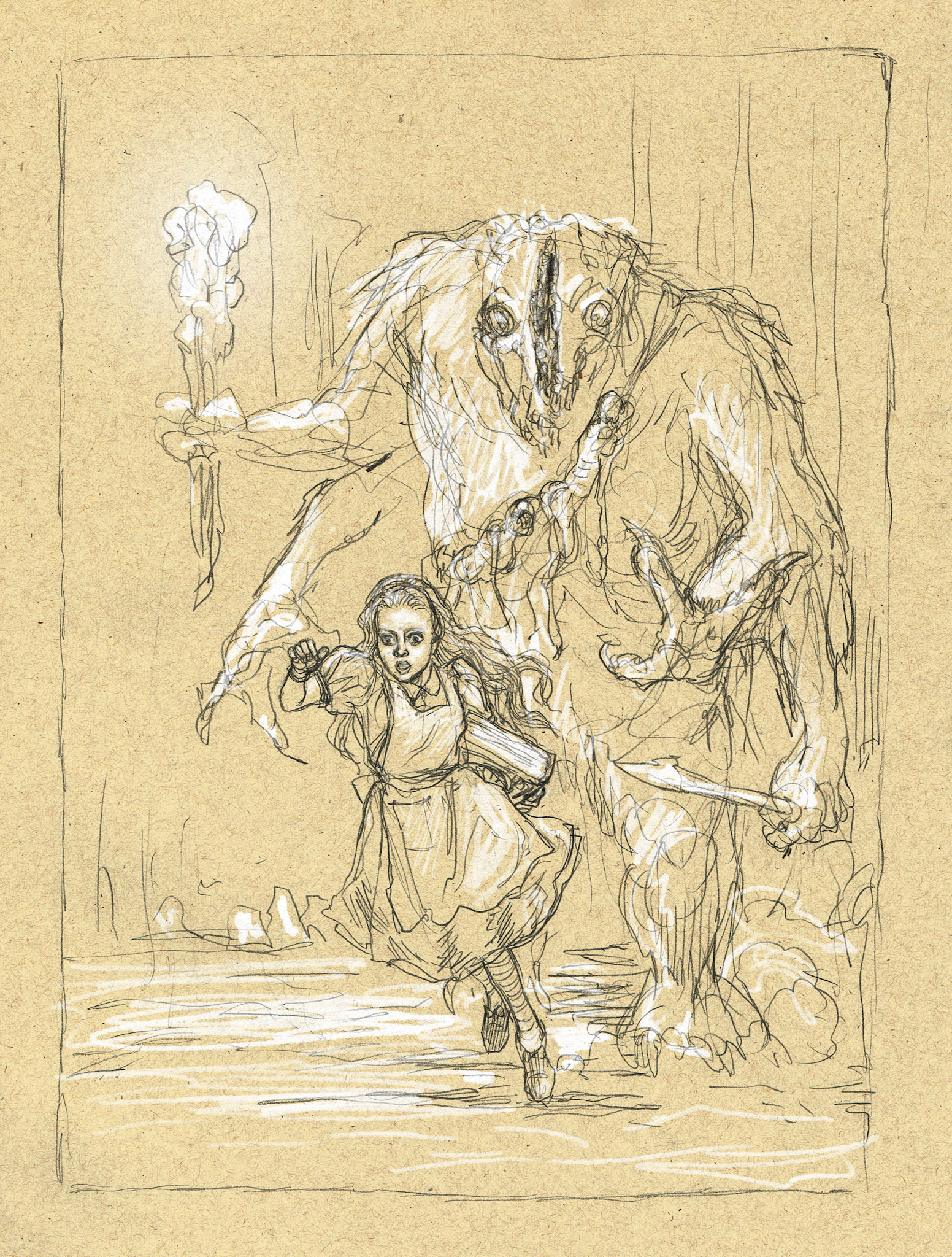 Alice in the Dreamlands: Gug Underworld, pencil and gouache.