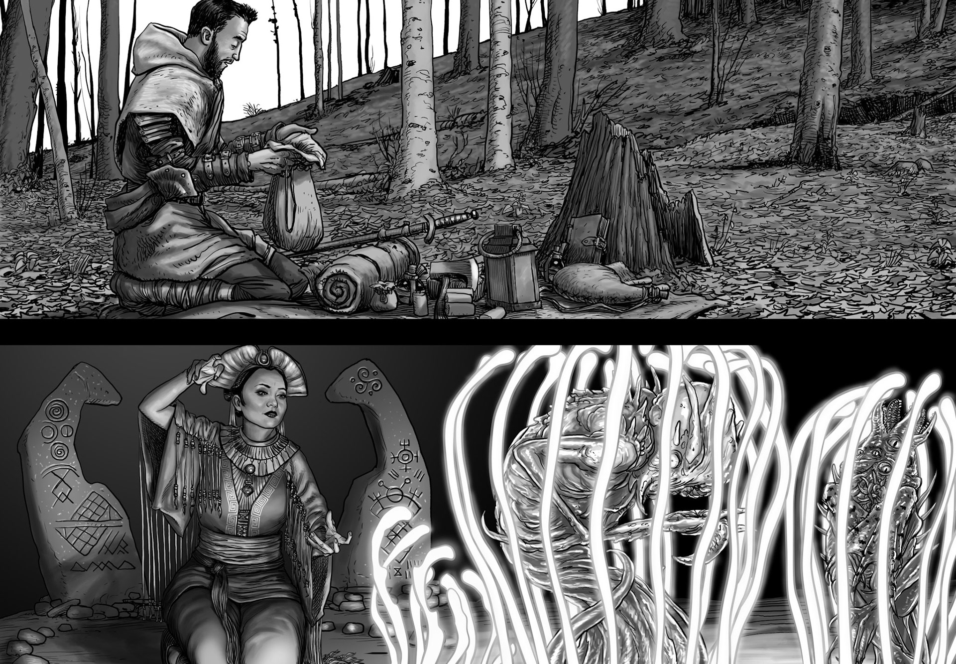 Two drawings for Torchbearer RPG, 2nd Edition.