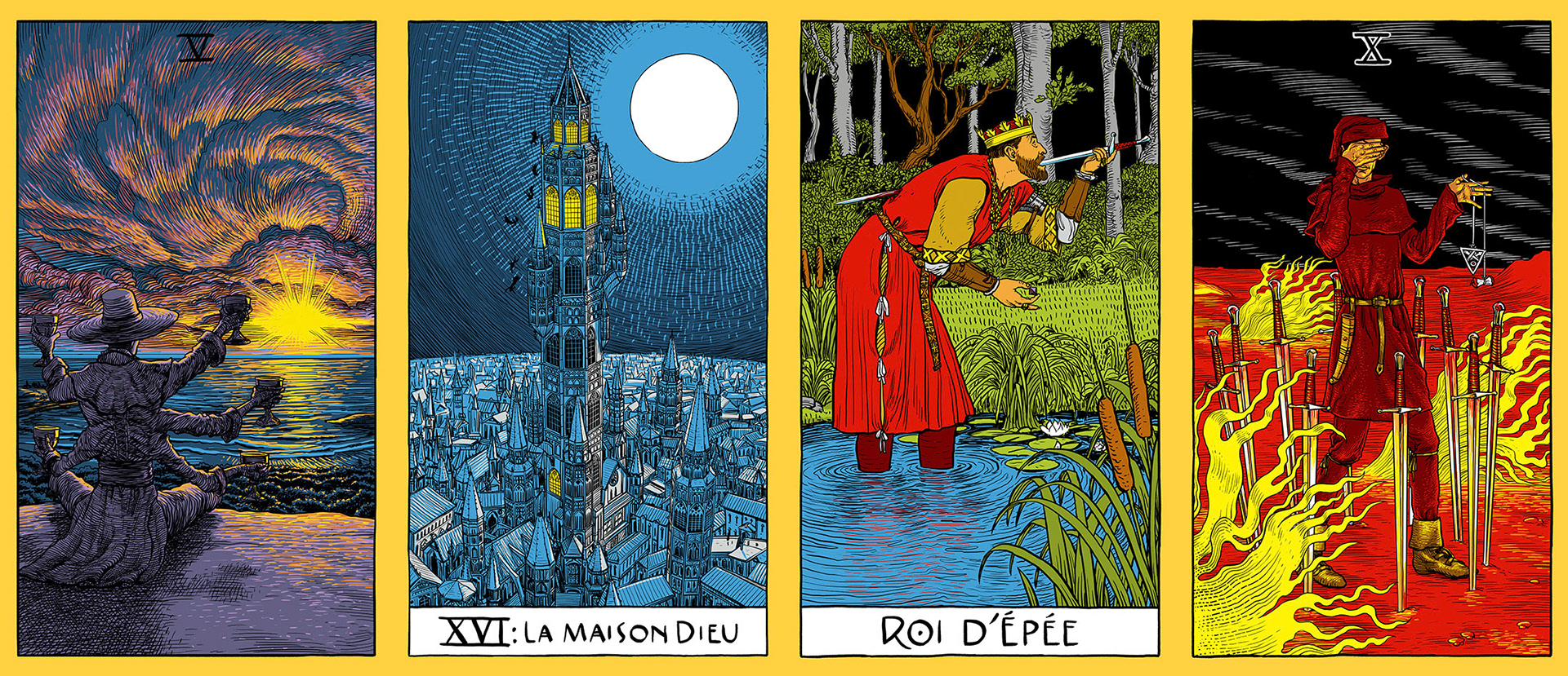 4 cards from the King in Yellow Tarot, by Arc Dream Publishing.