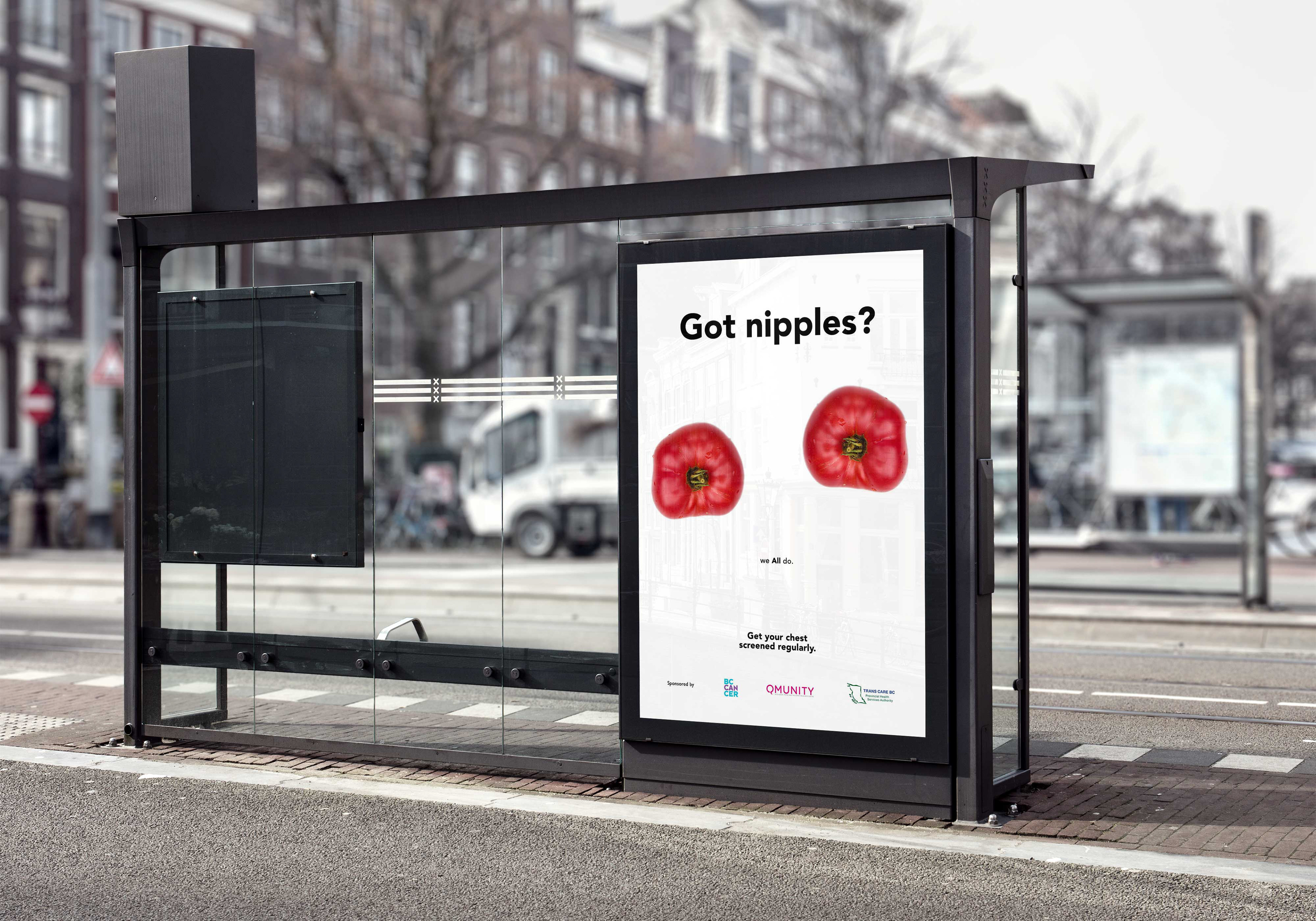 Got Nipples poster with two tomatoes as graphics. Poster displayed at bustop.