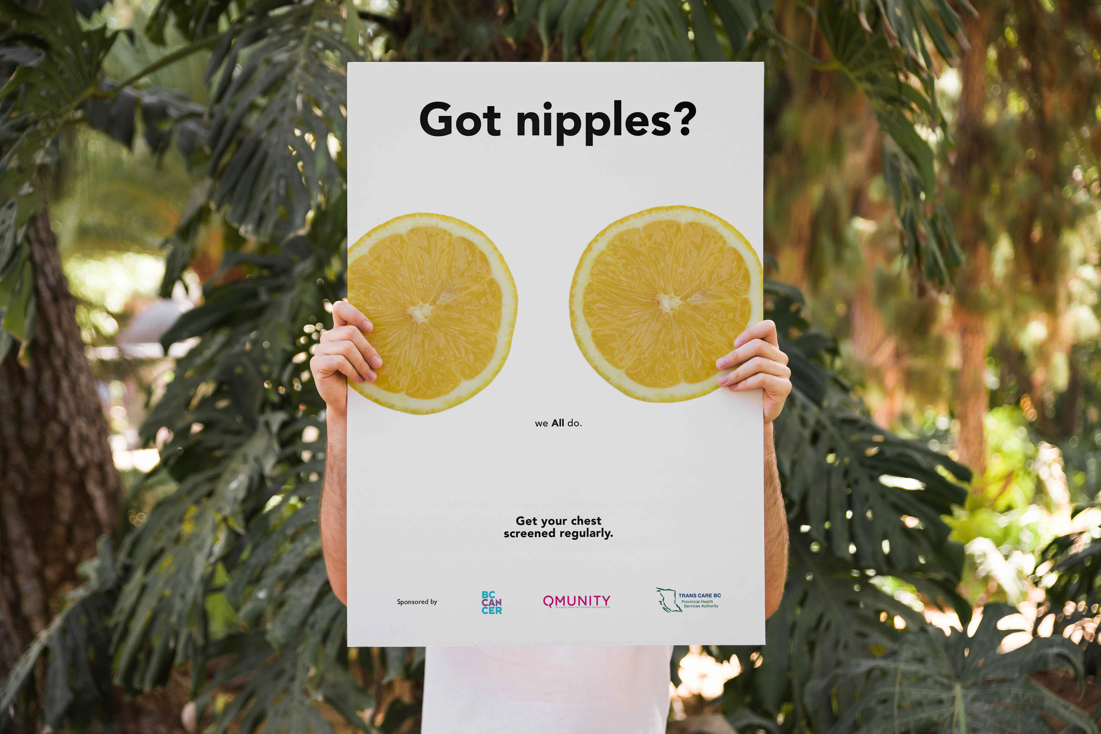 Two lemons cut in half with text "Got nipples? We all do. Get your chest screened for cancer"