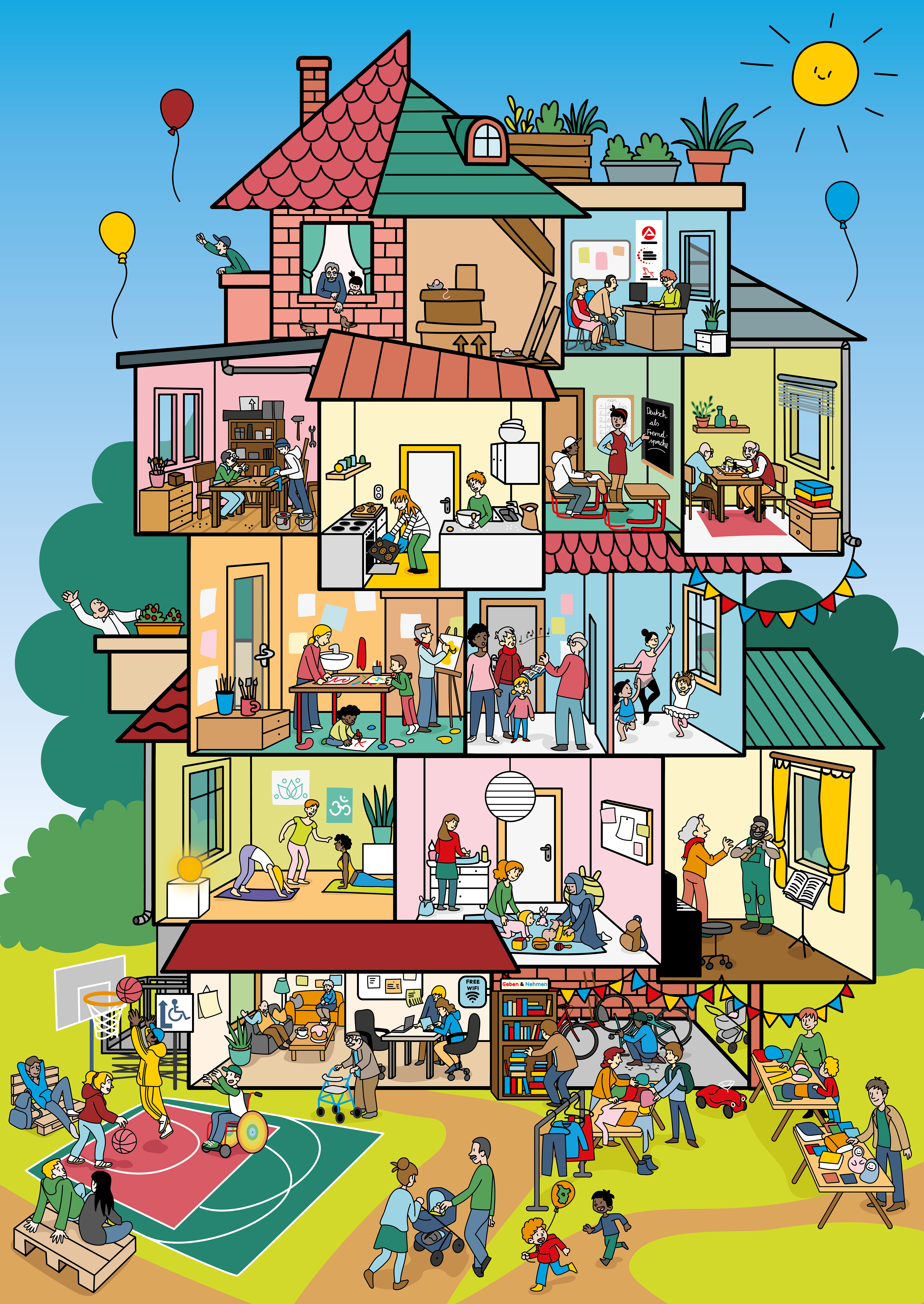 Wimmelbild Mehrgenrationenhaus