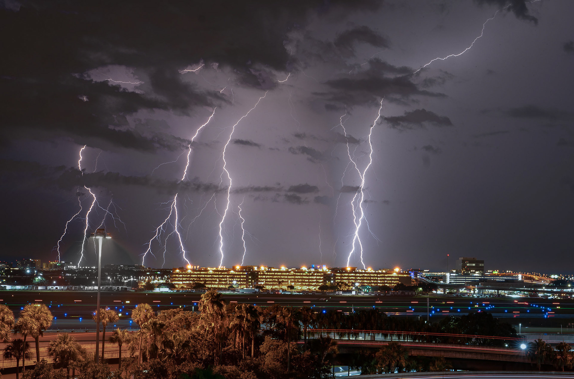 Four lightning strikes in a multiple exposure image. (Tampa, FL)