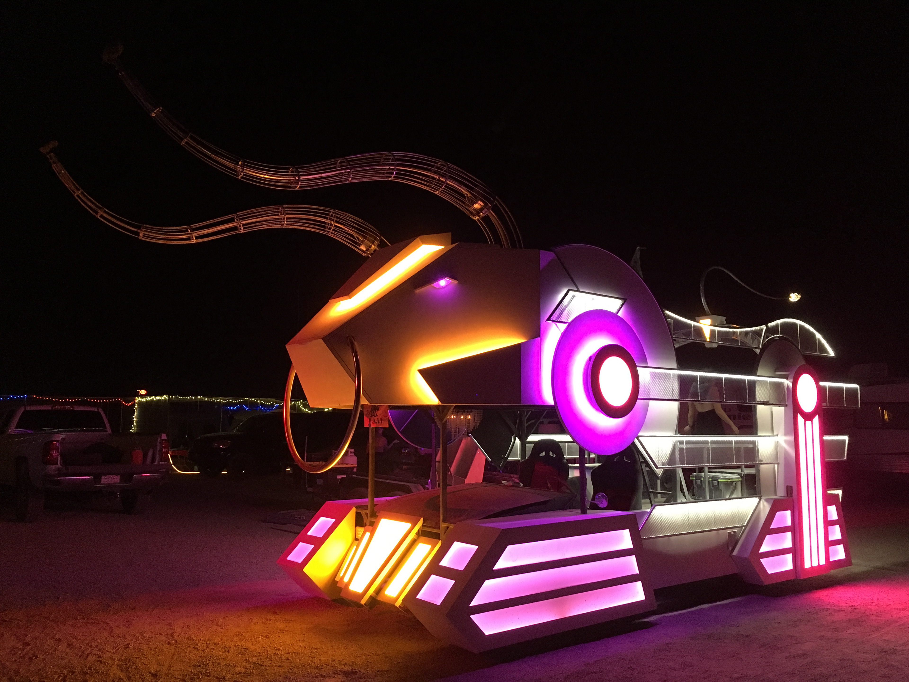 Some art installations are mobile, called Art Cars, and are the only motor vehicles allowed during Burning Man.