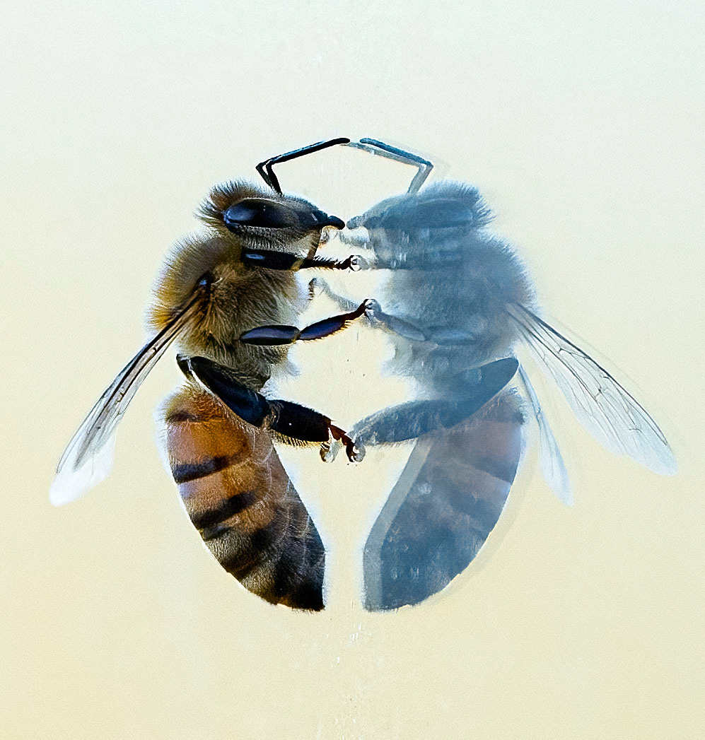 A bee admires its reflection on a window. (Bradenton, FL)