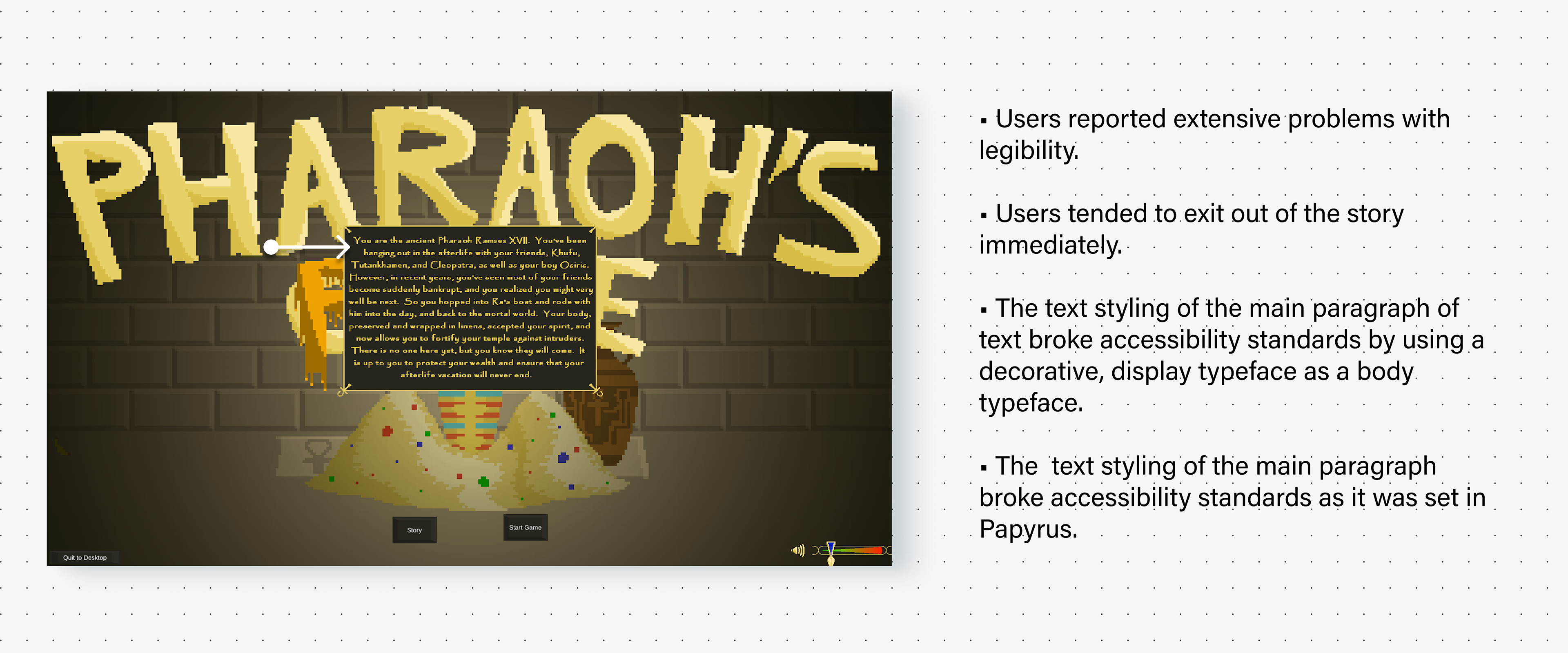 Story screen. The exposition was set in papyrus and illegible.