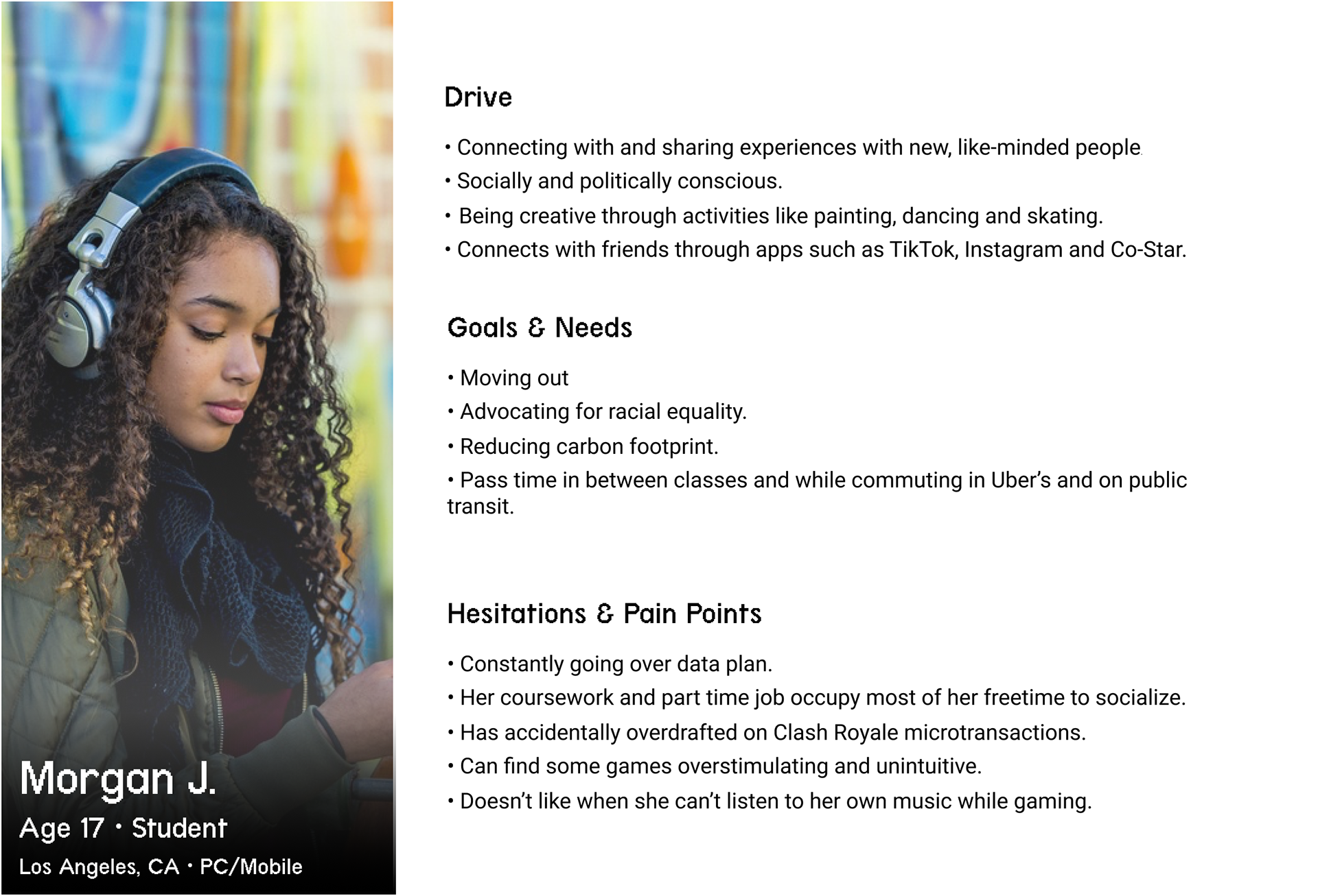 User Persona Named Morgan. She is Gen Z, socially conscious and a casual gamer.