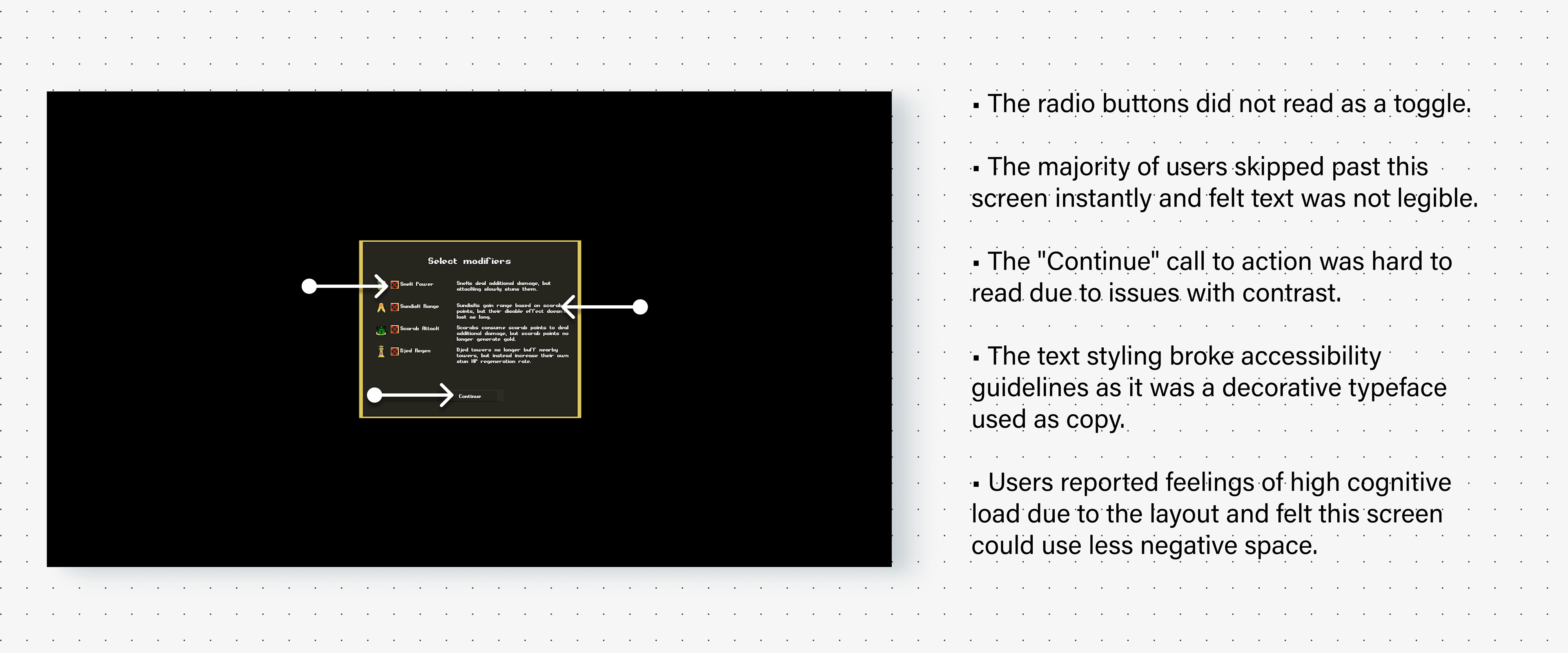 Select Modifiers screen. The type was set in pixel art style and illegible.