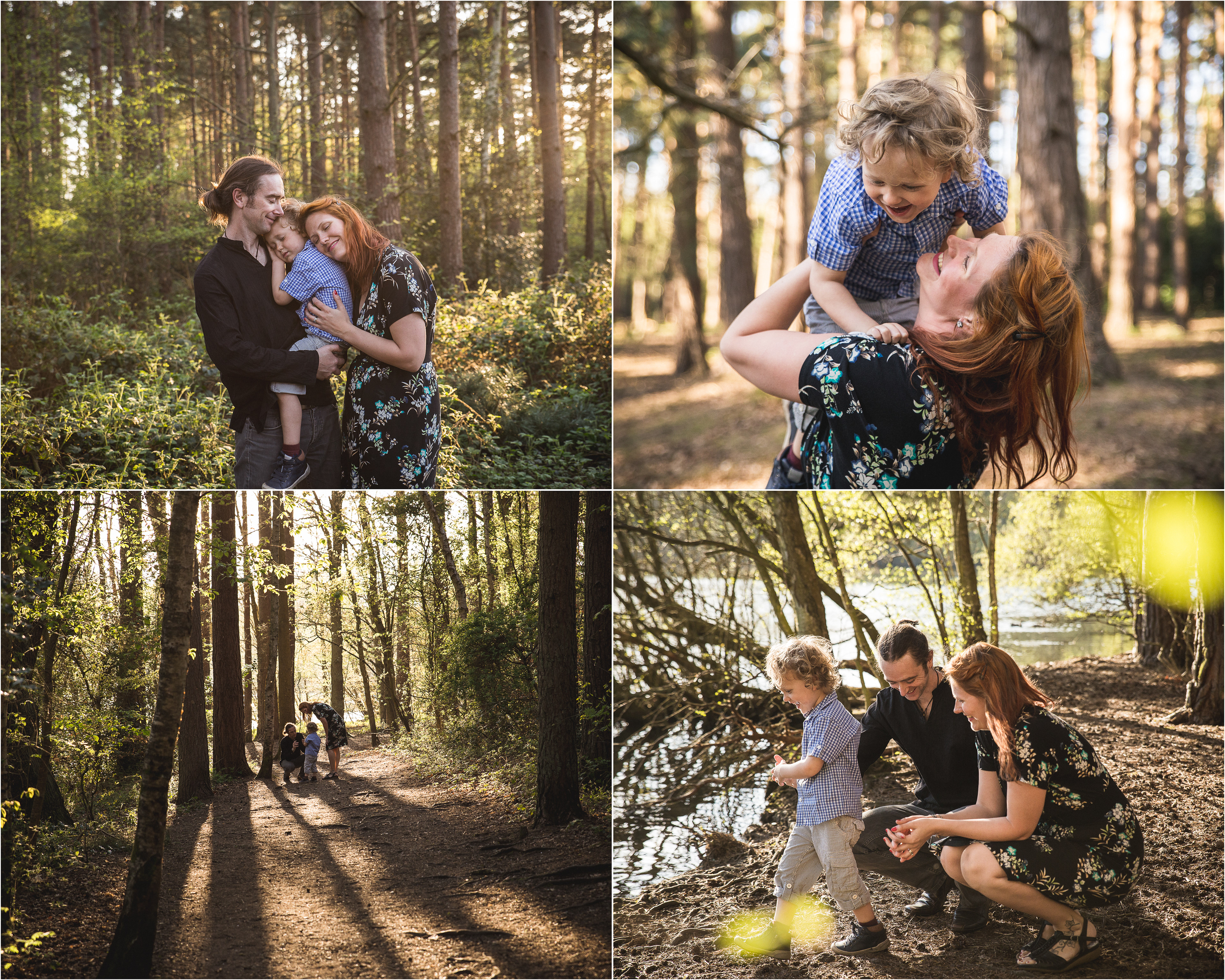 A collage of four photos from a spring woodland and lake side family photo session.