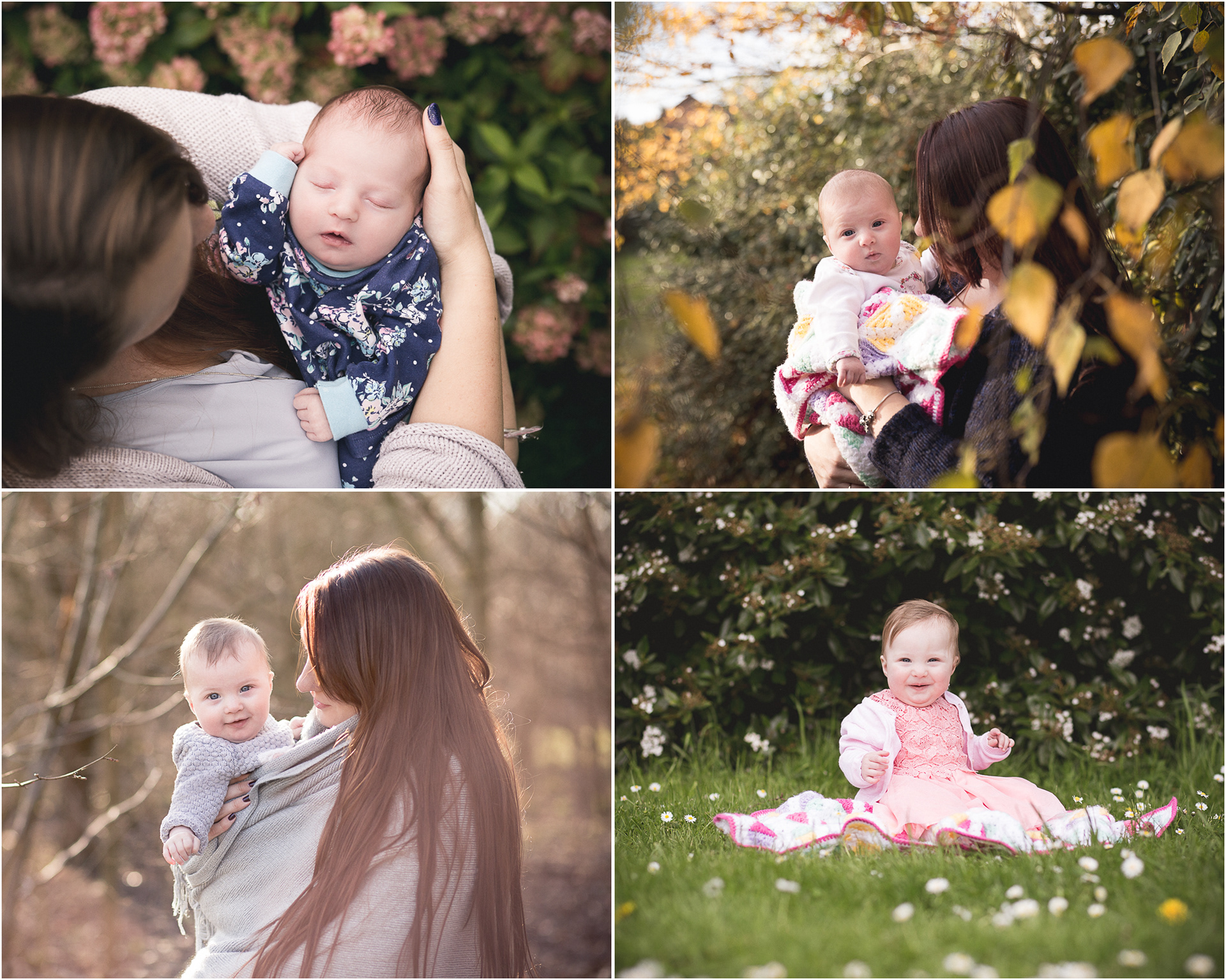 Four seasons photographs from young baby in the summer to first birthday in the following spring.