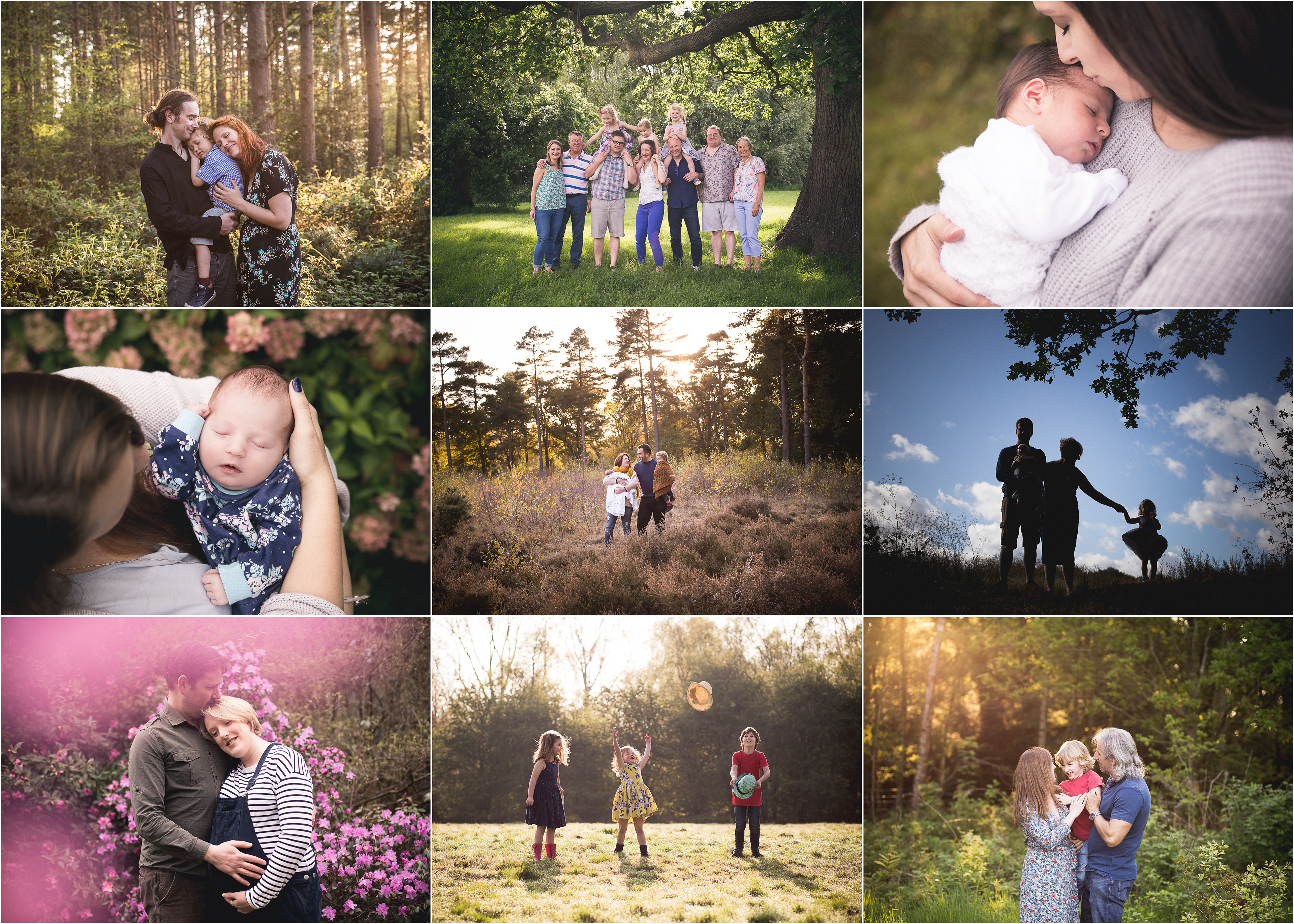 Collage of natural outdoor family portrait photography by Rainbright Photography.