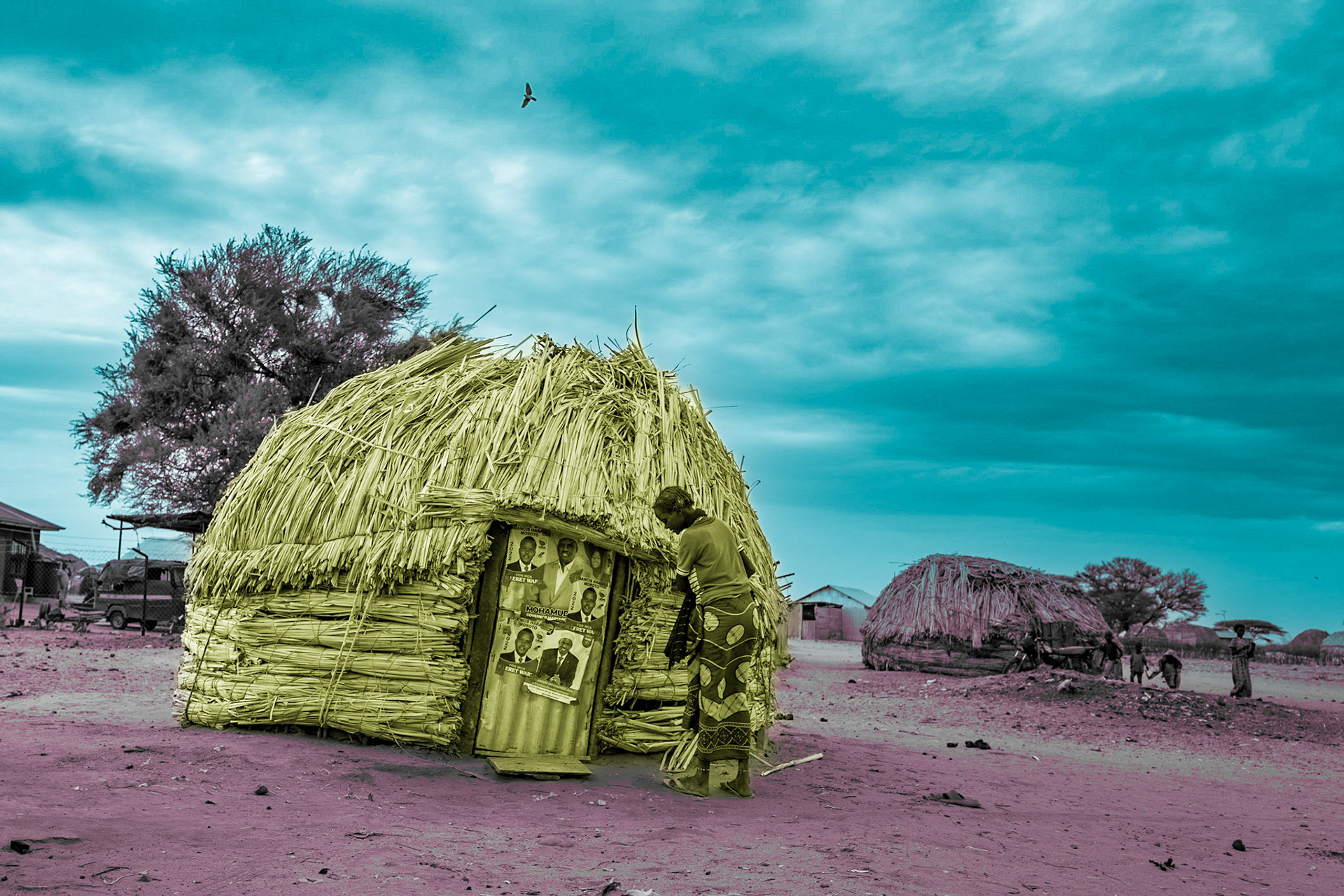 A Daasanach woman is heading towards her dwelling in the village of Ileret, with the door adorned with various campaign posters in the lead-up to the general elections in Kenya.