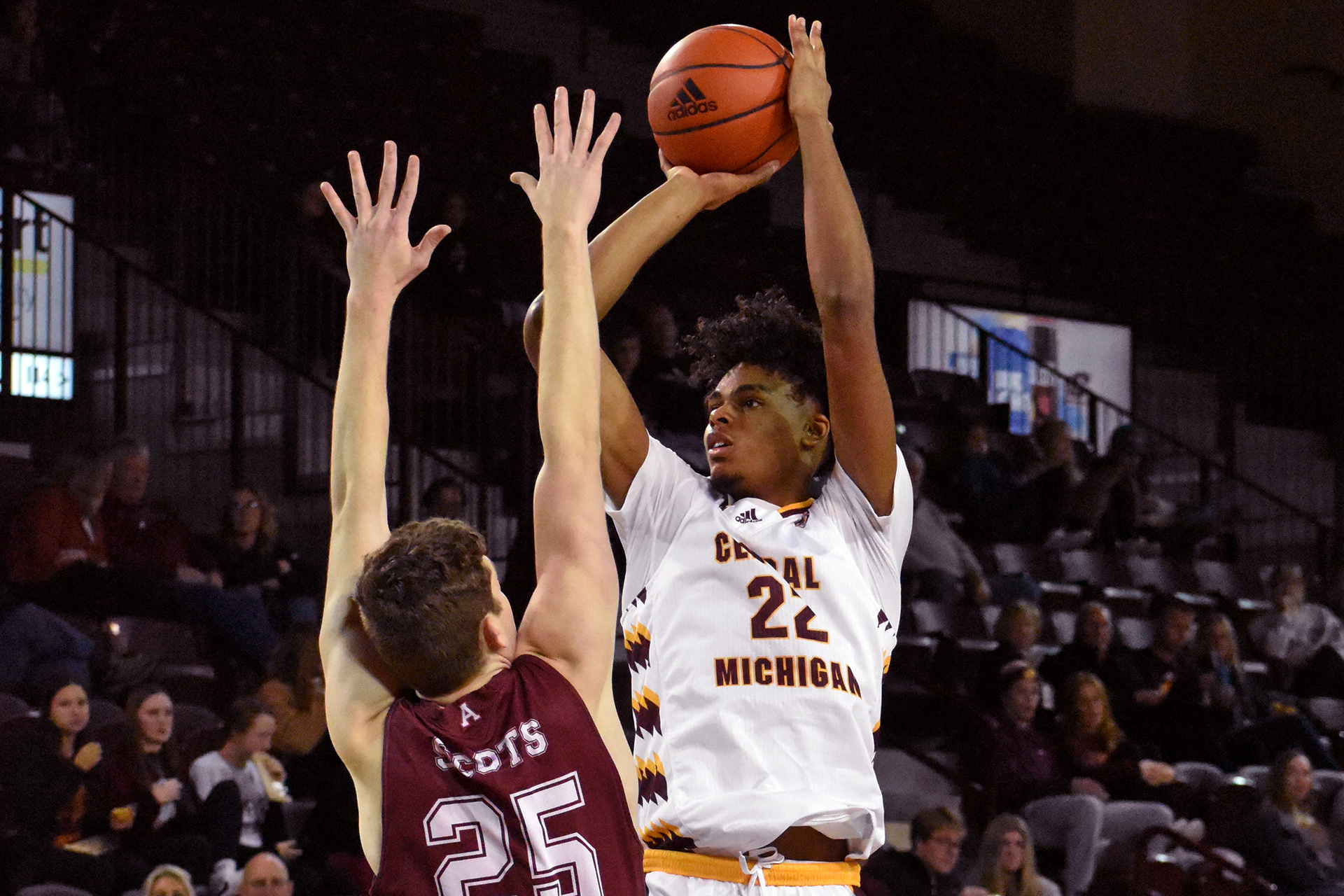 Sophomore center Nicolas Pavrette shoots over a defender during a game against Alma on Saturday, Dec. 3 in in McGuirk Arena.