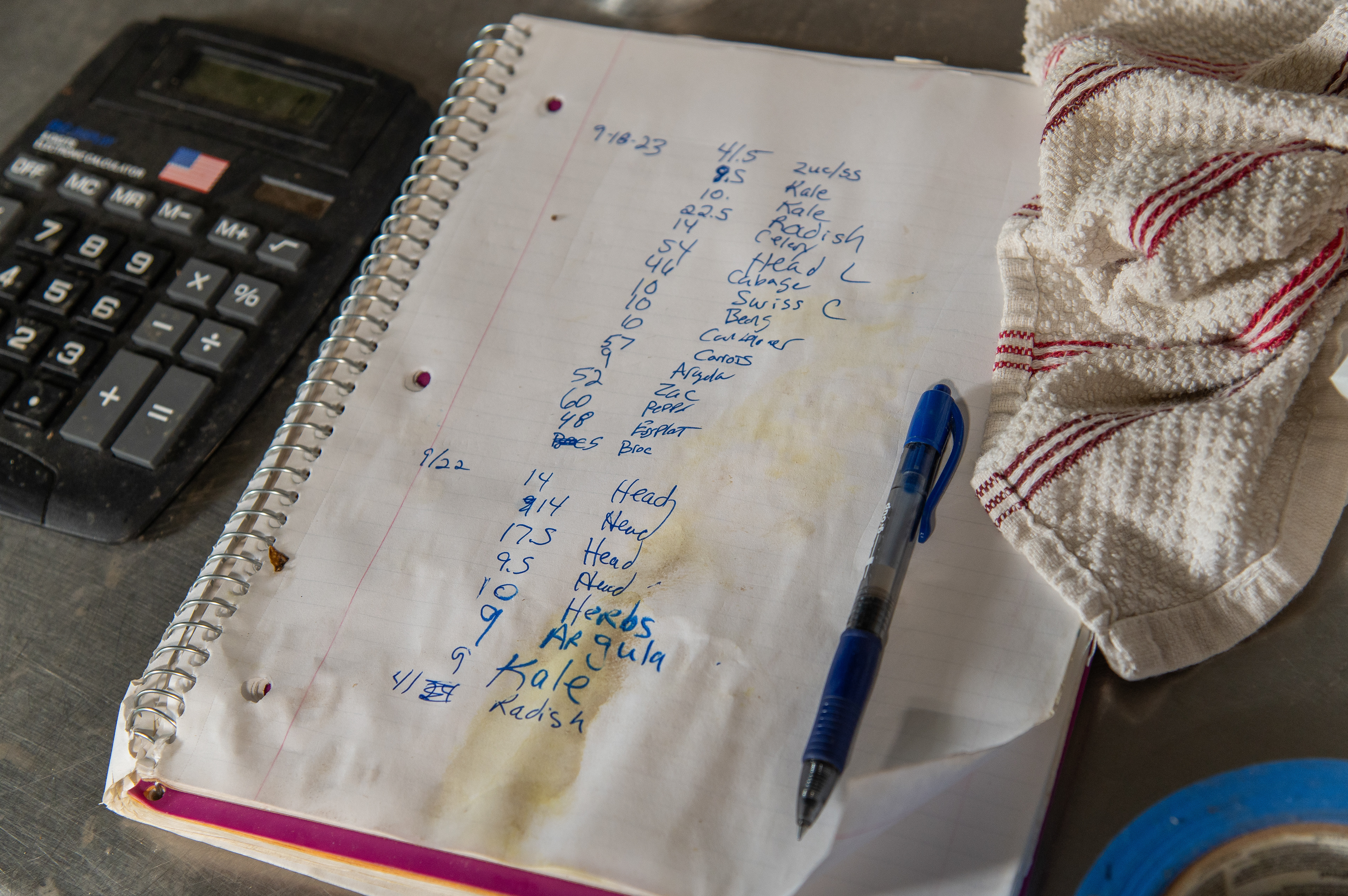 A list of harvested items sits on a table in the barn, 1673 Pruess Road, Hemlock, Michigan, Friday, September 22, 2023. Nancy Shepherd, Tyler’s mother, accounted for the items she washed with this list. Nancy offered to help around the farm before her shifts at work since she knew Tyler was shorthanded. It was her first week helping Tyler on the farm.