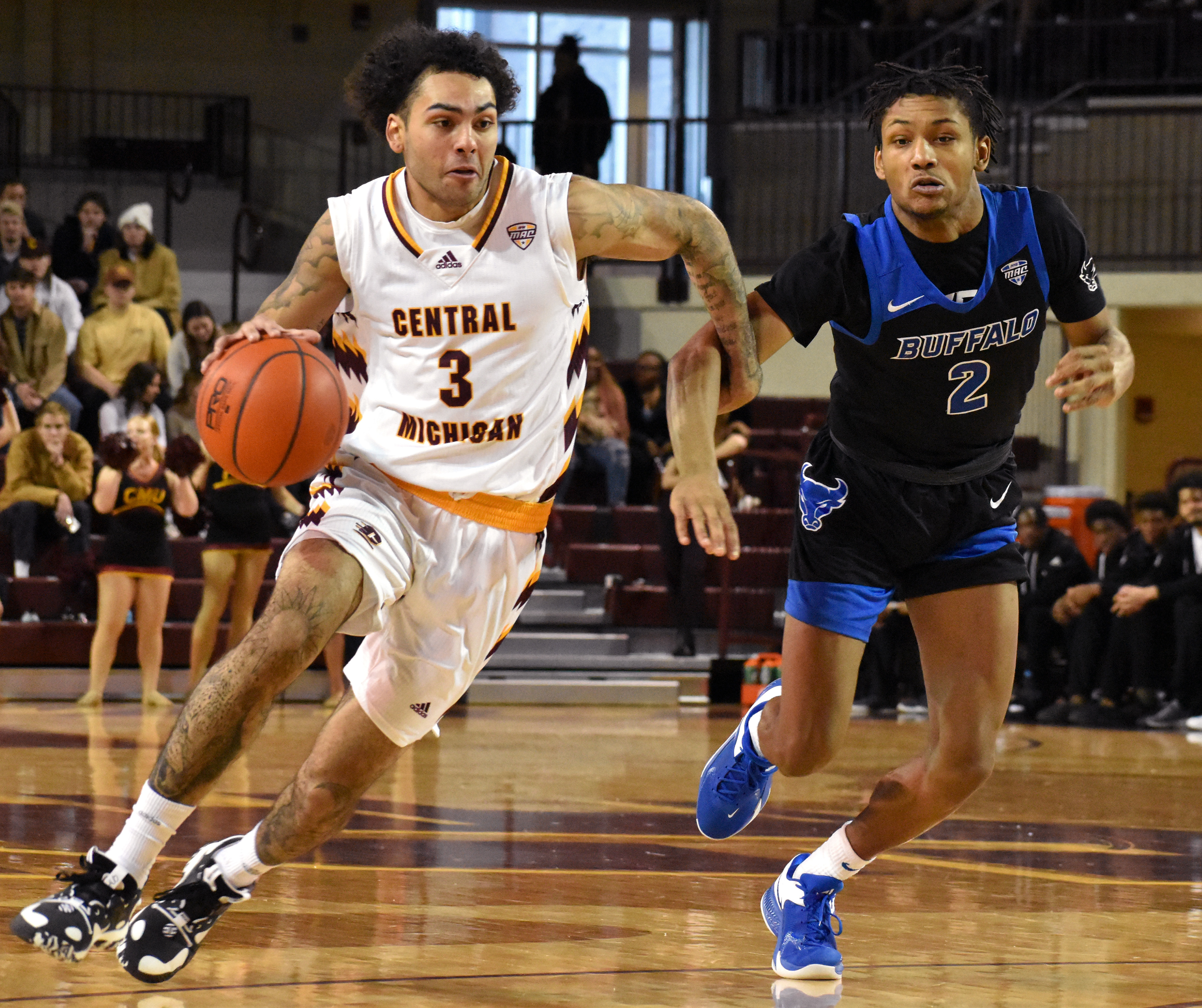 Junior guard Jesse Zarzuela drives to the basket during a game against Buffalo Saturday, Jan. 14 in McGuirk Arena. Zarzuela led the team with 29 points.