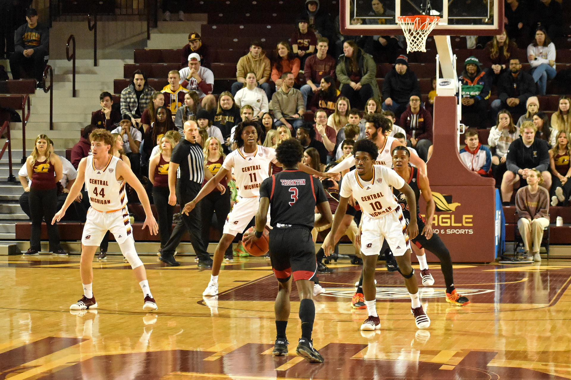 CMU's men's basketball team plays defense during a game against Northern Illinois Saturday, Feb. 25 in McGuirk Arena. CMU shot 22-60 on the floor.