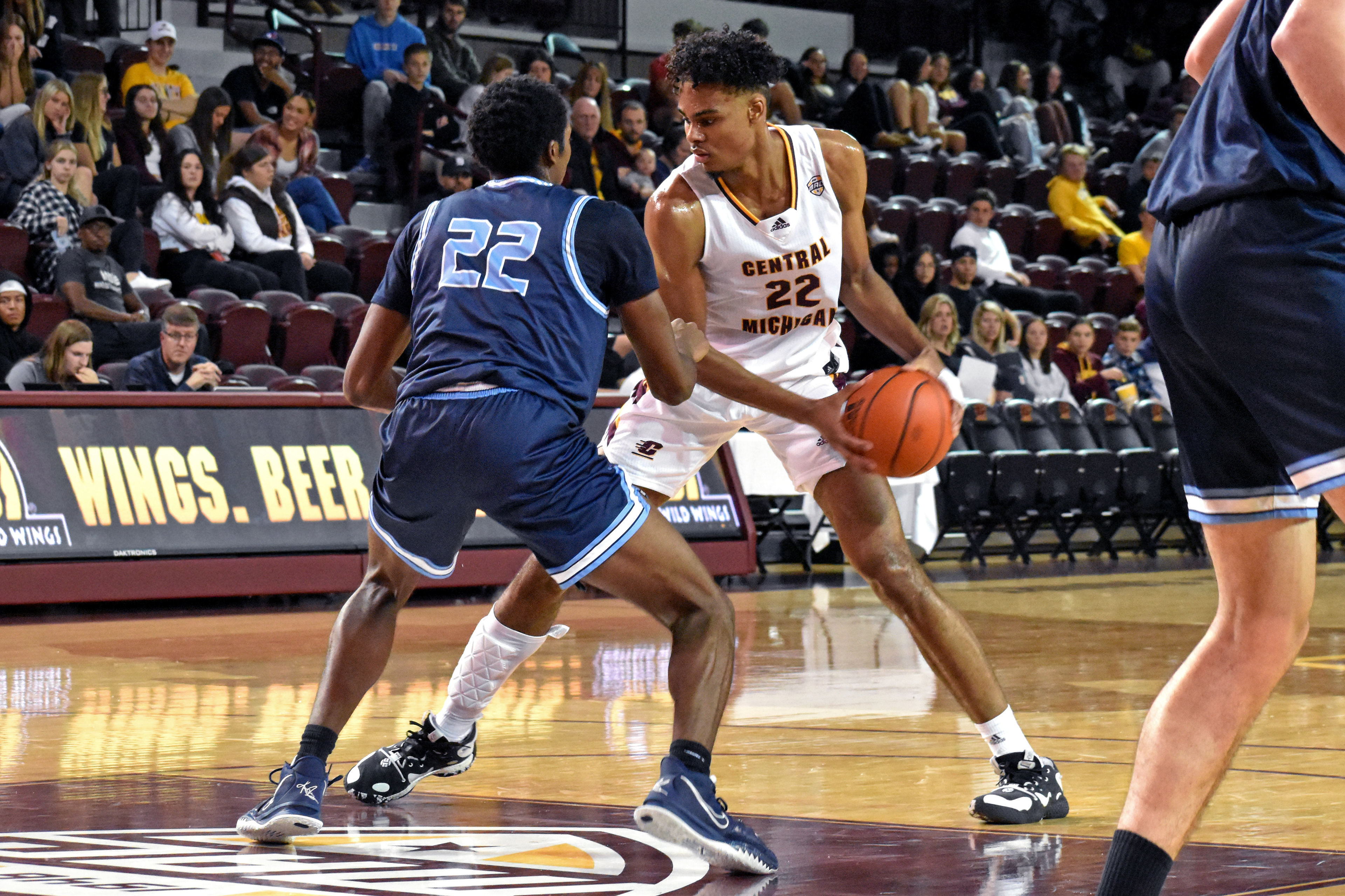 Sophomore center Nicolas Pavrette goes against a defender during CMU's exhibition game against Northwood Thursday, Nov. 3 in McGuirk Arena.