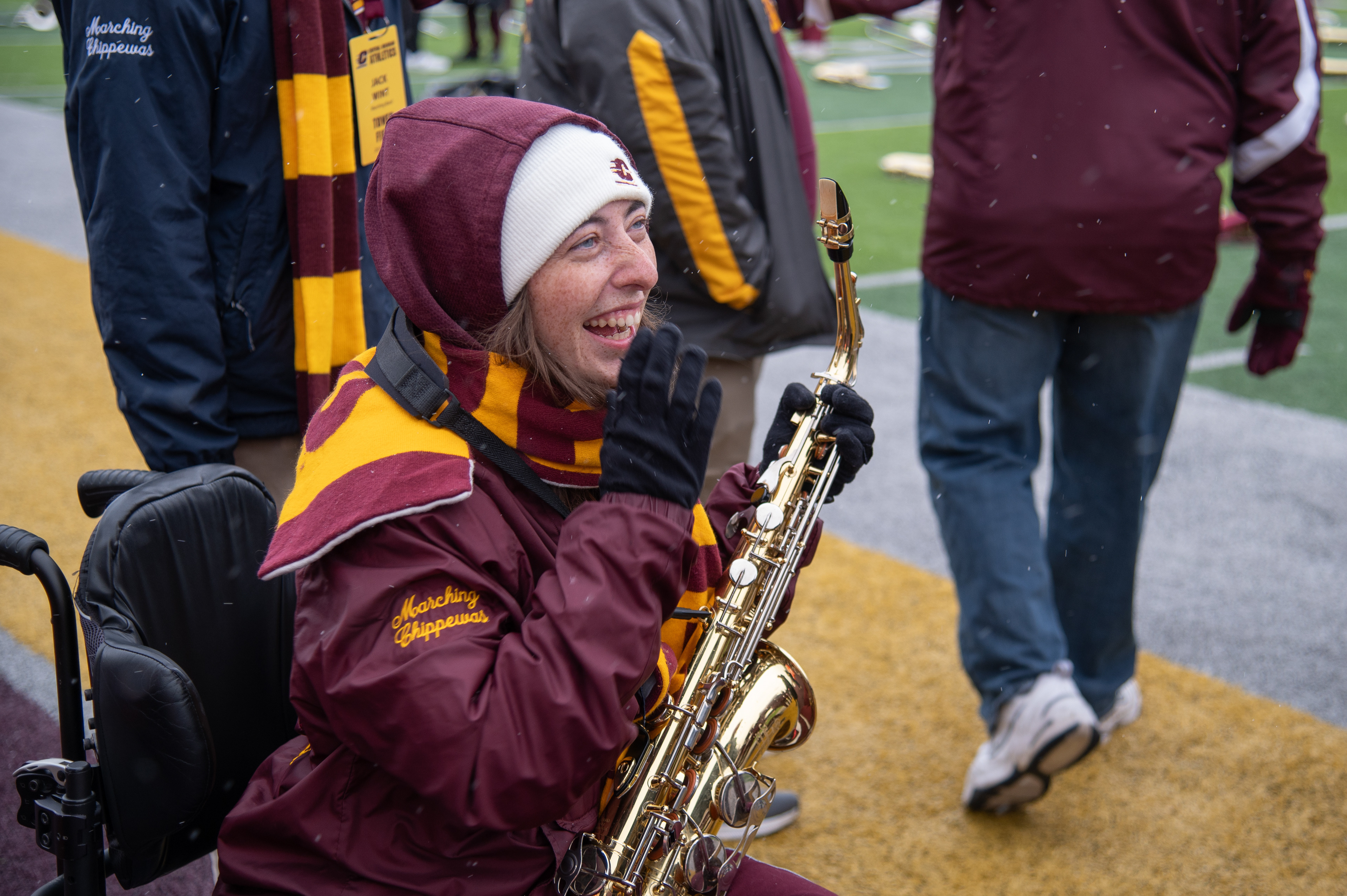 Gaia laughs during rehearsal at Kramer/Deromedi Field in Kelly/Shorts Stadium, on the campus of Central Michigan University, Mount Pleasant, Michigan, Tuesday, October 31, 2023. She’s met many of her friends through CMU’s band. “I love the people I get to see every day,” Gaia said.