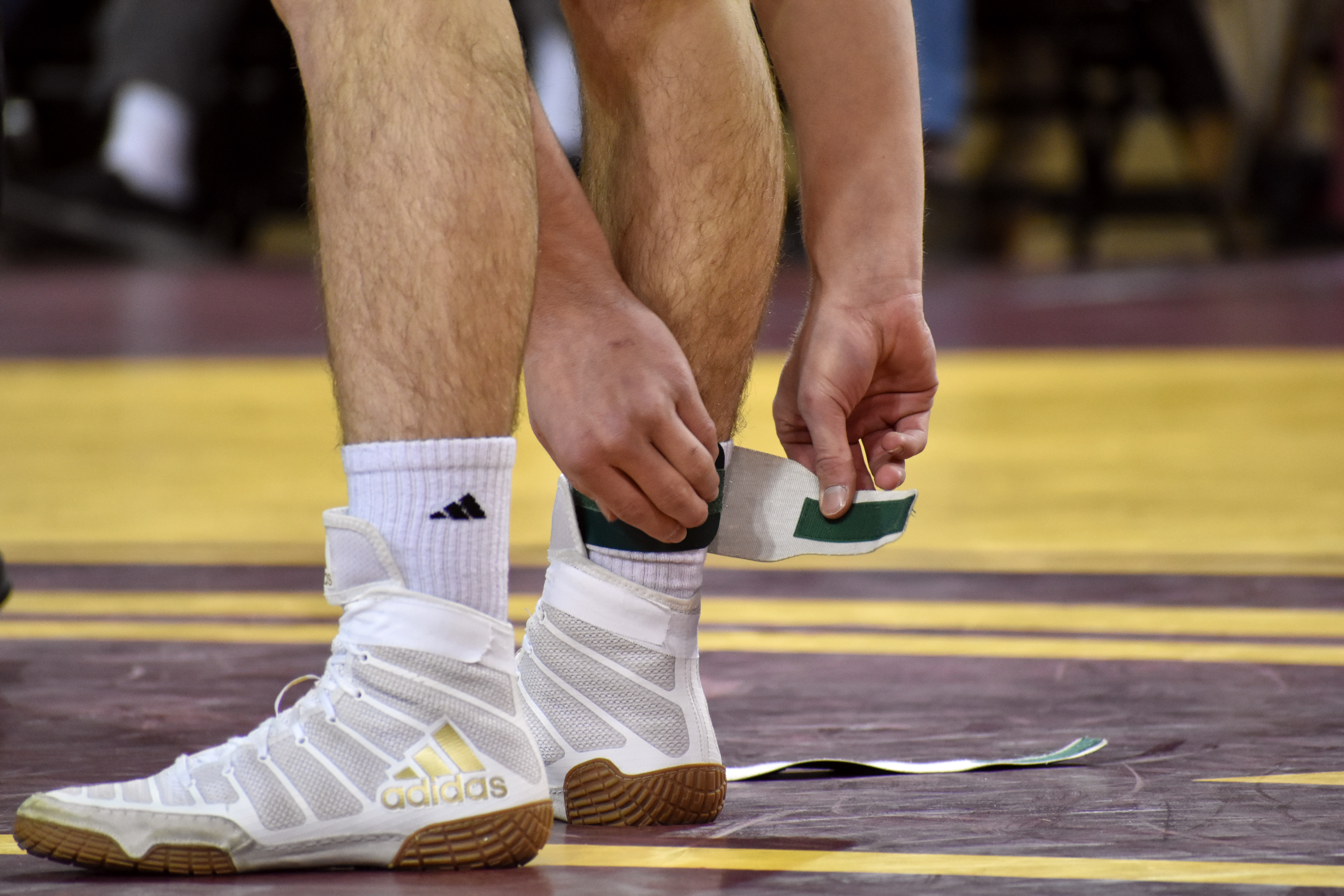 Darien freshman Jimmy Nugent straps on an anklet during a match against Northern Illinois University Friday, Jan. 13 in McGuirk Arena.