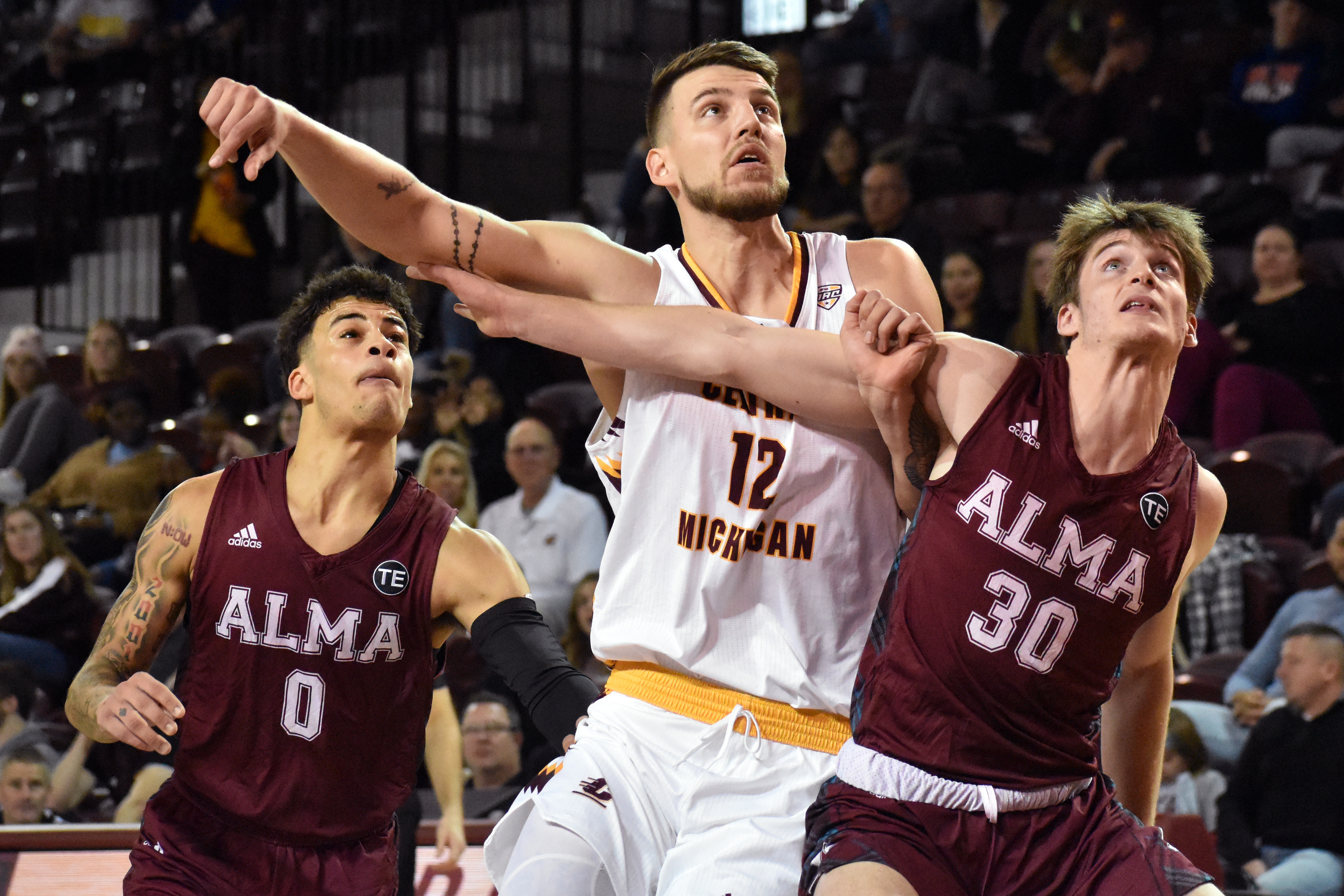 Senior center Miroslav Stafl boxes out during a game against Alma on Saturday, Dec. 3 in in McGuirk Arena.