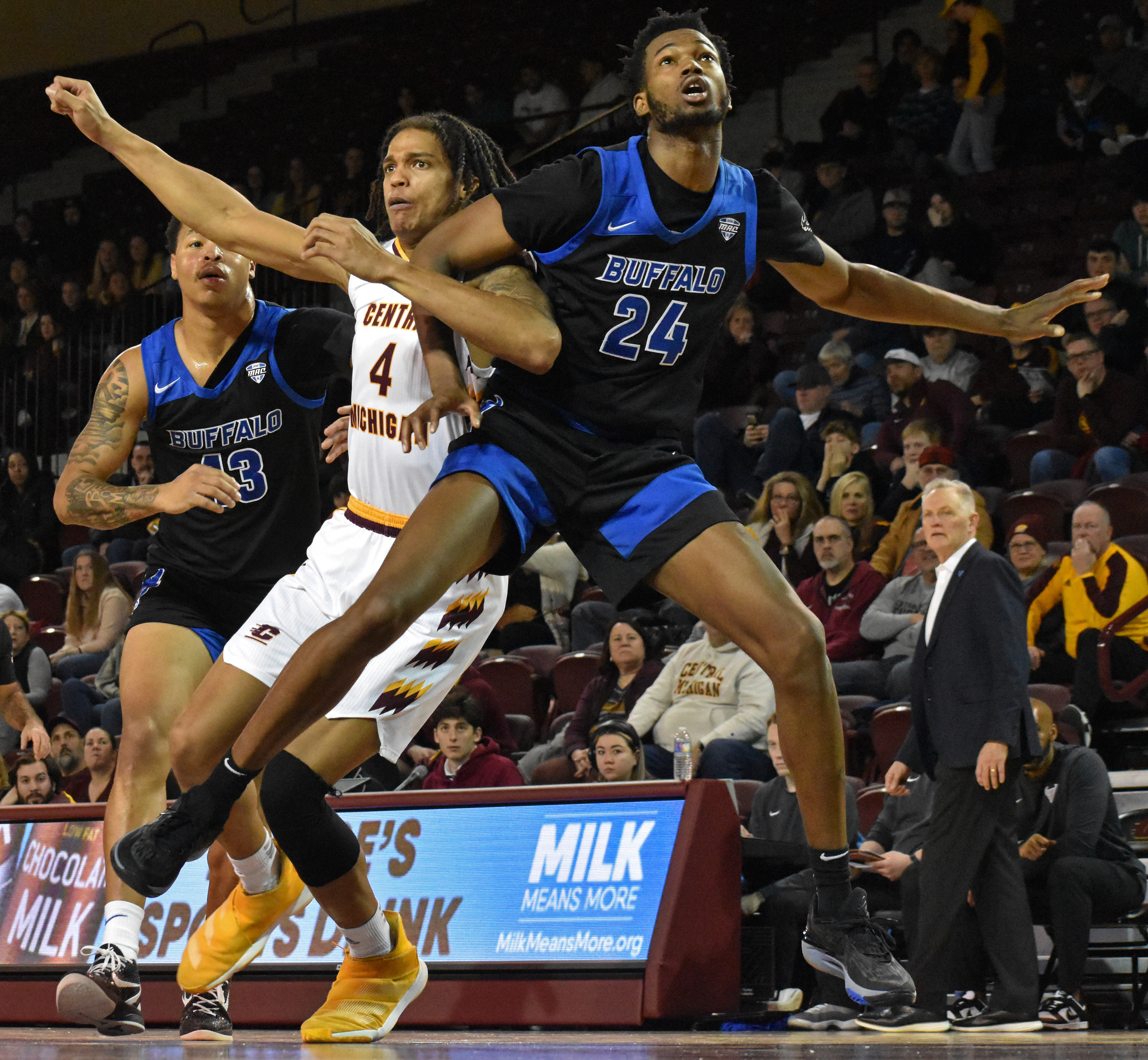 Junior forward Carrington McCaskill boxes out during a game against Buffalo Saturday, Jan. 14 in McGuirk Arena. McCaskill had 5 points.