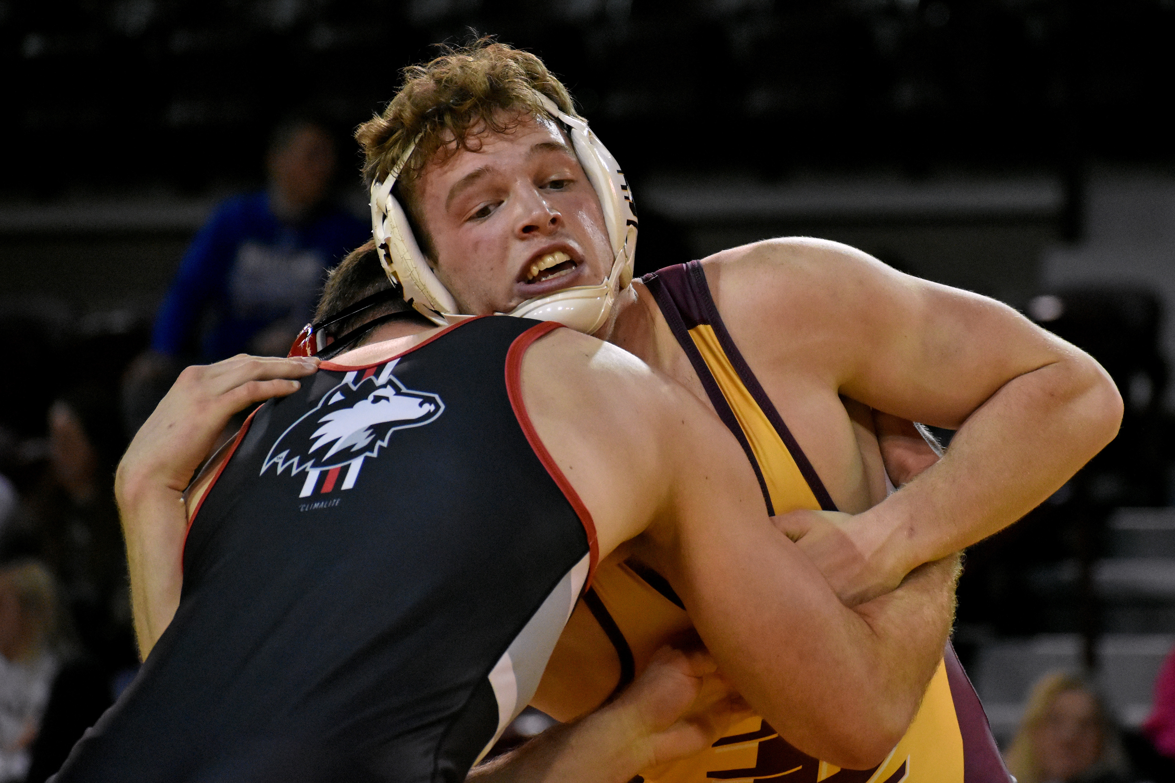 Montoursville junior Cameron Wood wrestles Jacob Christensen during a match against Northern Illinois University Friday, Jan. 13 in McGuirk Arena. Wood won the matchup, making him 8-12 for the season.