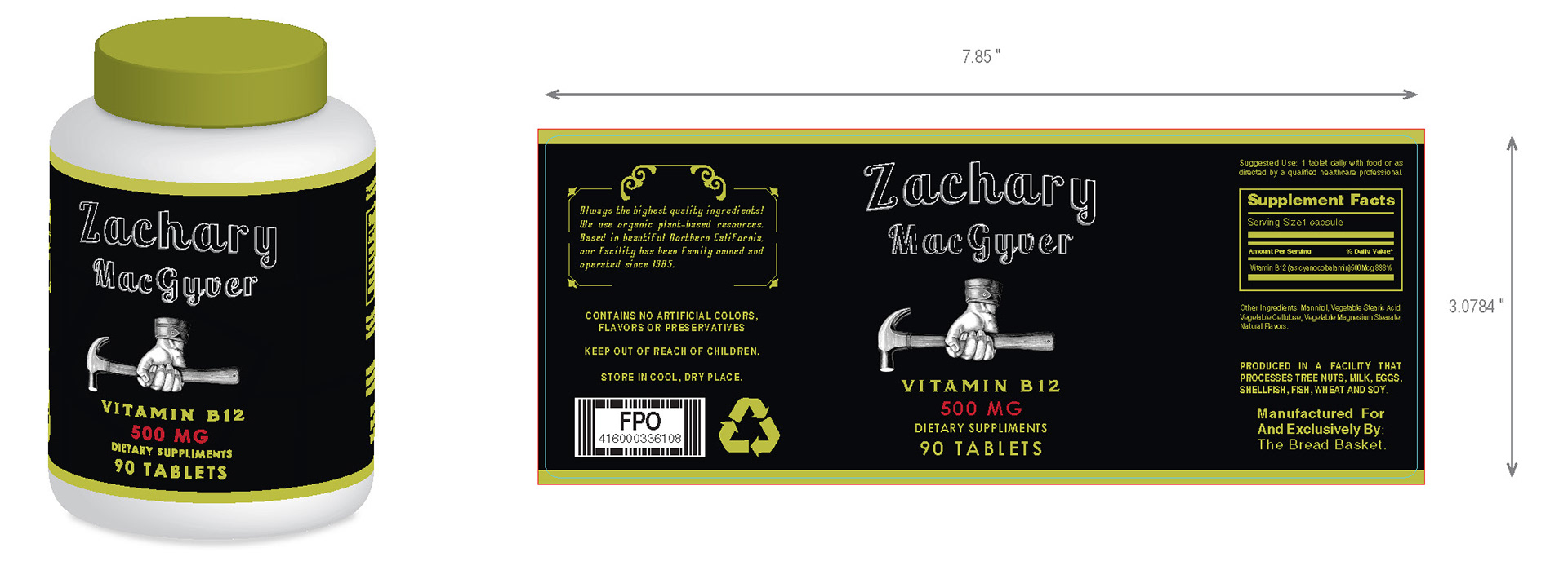Label design for a supplement including 3D rendering of container