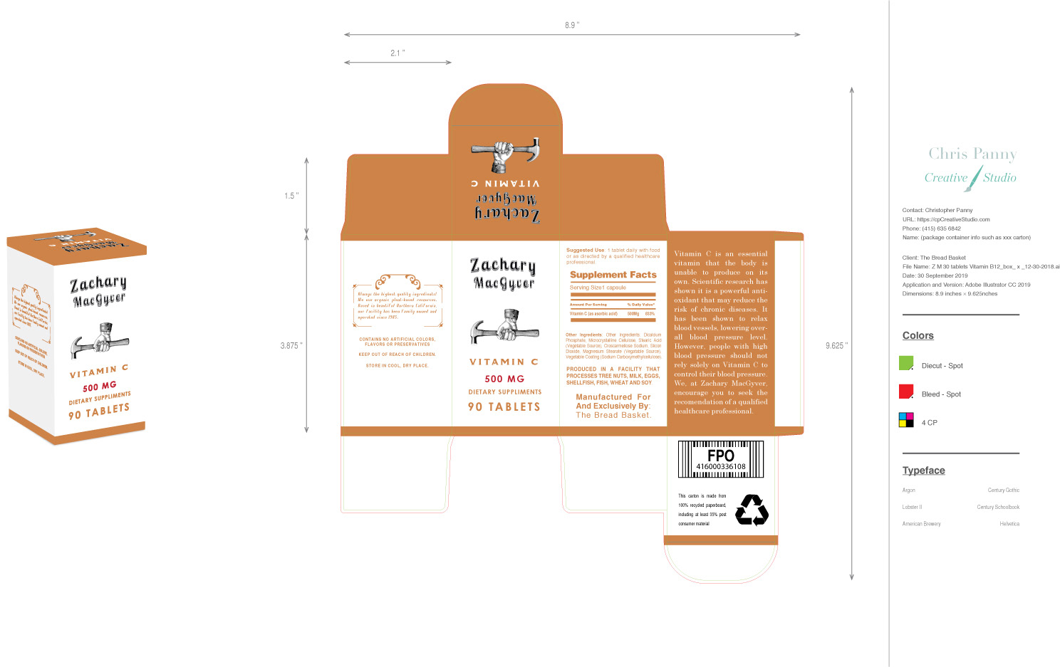 Label design for a supplement including 3D rendering of box