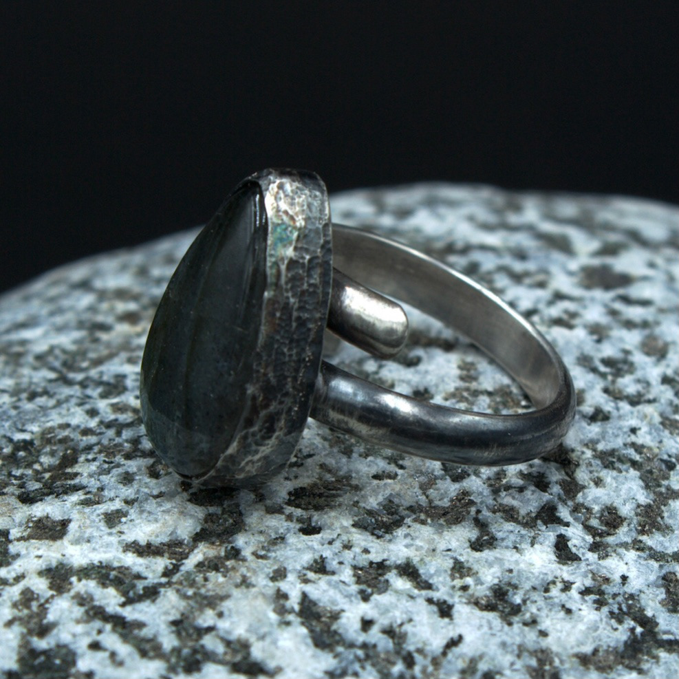 Patinad and textured sterling silver ring with labradorite