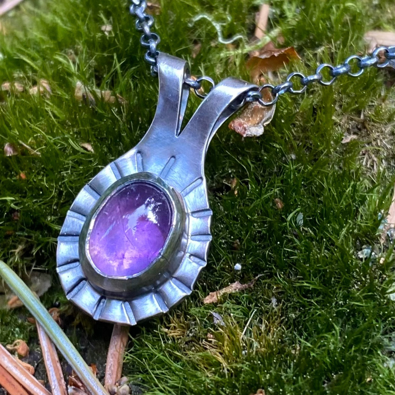 Patinad sterling silver necklace with amethyst pendant