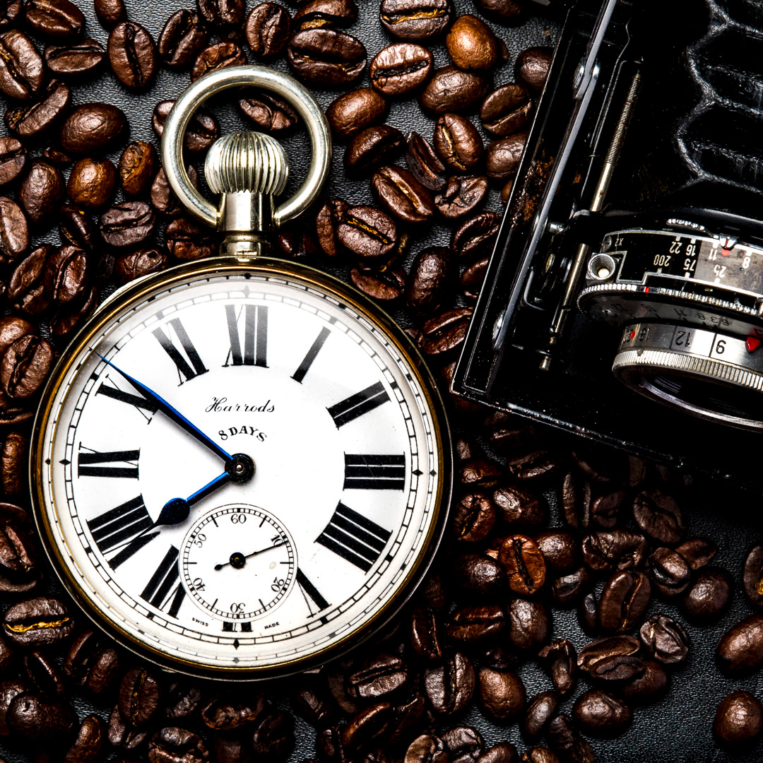 Harrods pocket  watch with vintage camera, stylised coffee shoot 