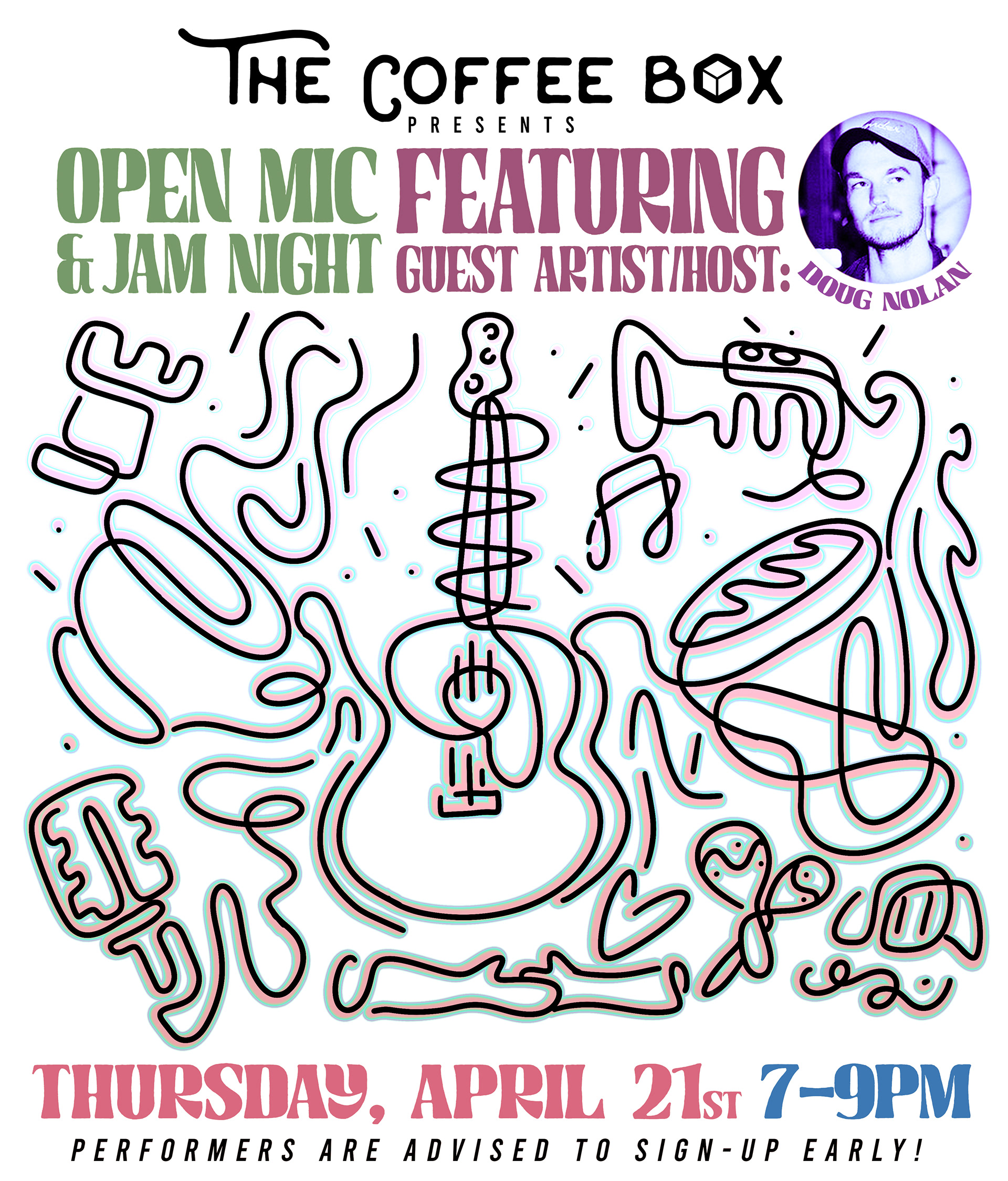 Event Flier for Local Coffee Shop - Procreate was used for the center graphic with rest done in Adobe Illustrator and Photoshop