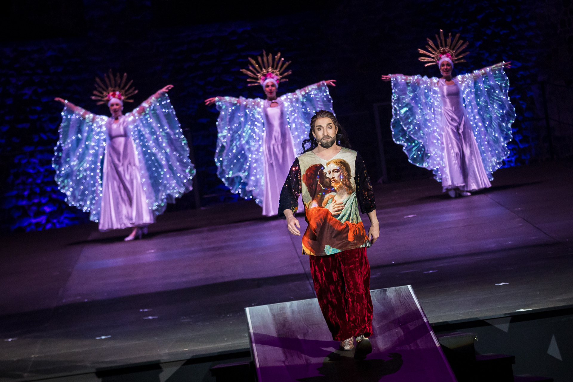 Tim Al-Windaw (Judas Ischariot) während der Medienprobe zum Musical „Jesus Christ Superstar” bei den 72. Bad Hersfelder Festspielen am 29. Juni 2023 in der Stiftsruine Bad Hersfeld / Hessen / Deutschland