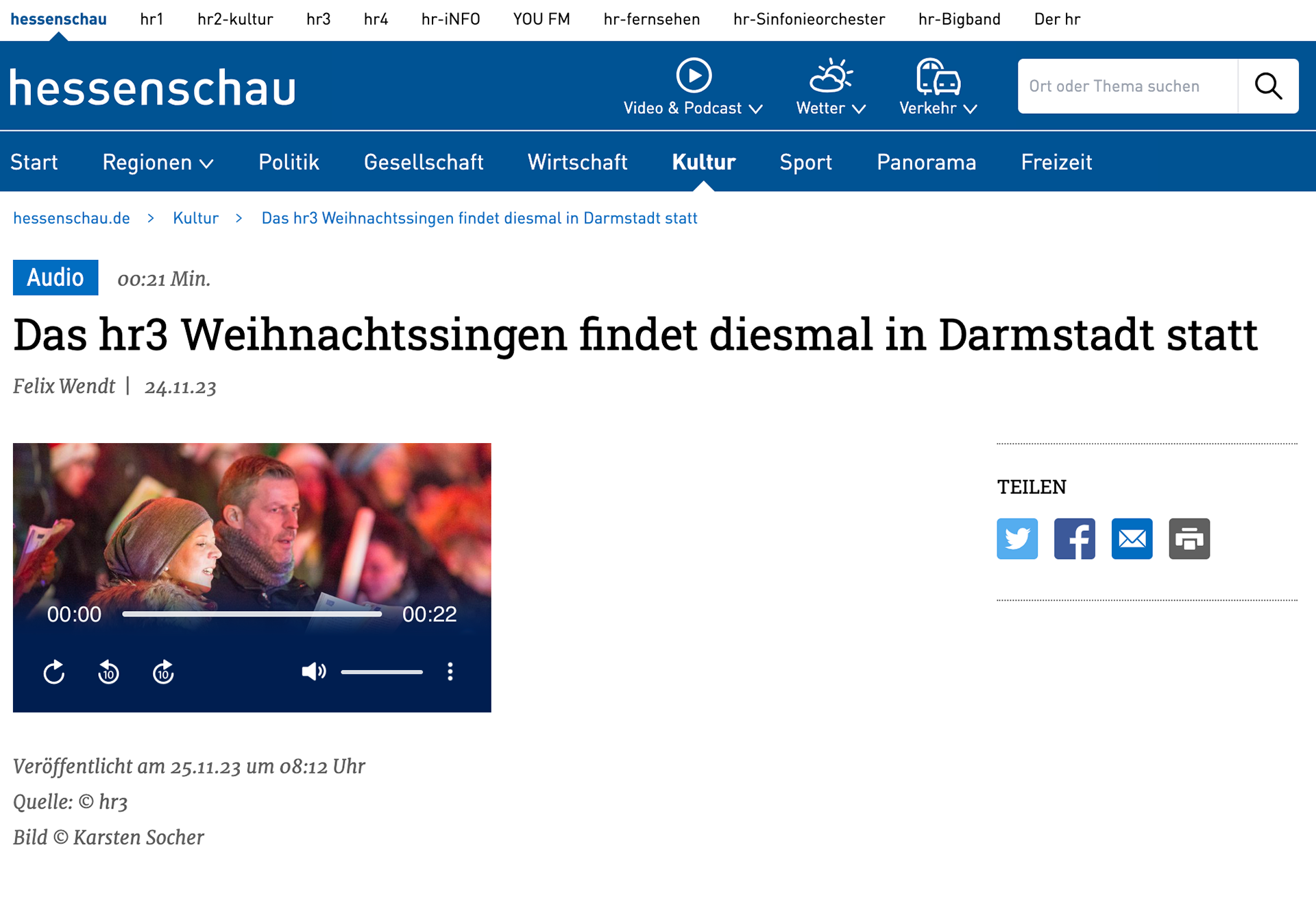 „Das hr3 Weihnachtssingen findet diesmal in Darmstadt statt”; Hessenschau; 25. November 2023; Foto