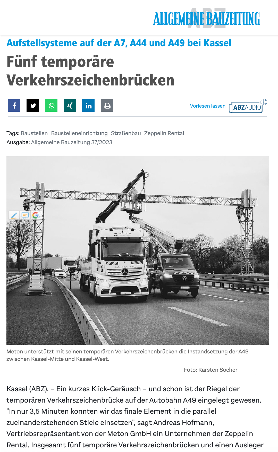 „Aufstellsysteme auf der A7, A44 und A49 bei Kassel: Fünf temporäre Verkehrszeichenbrücken”; Allgemeine Bauzeitung ; 18. September 2023; Foto