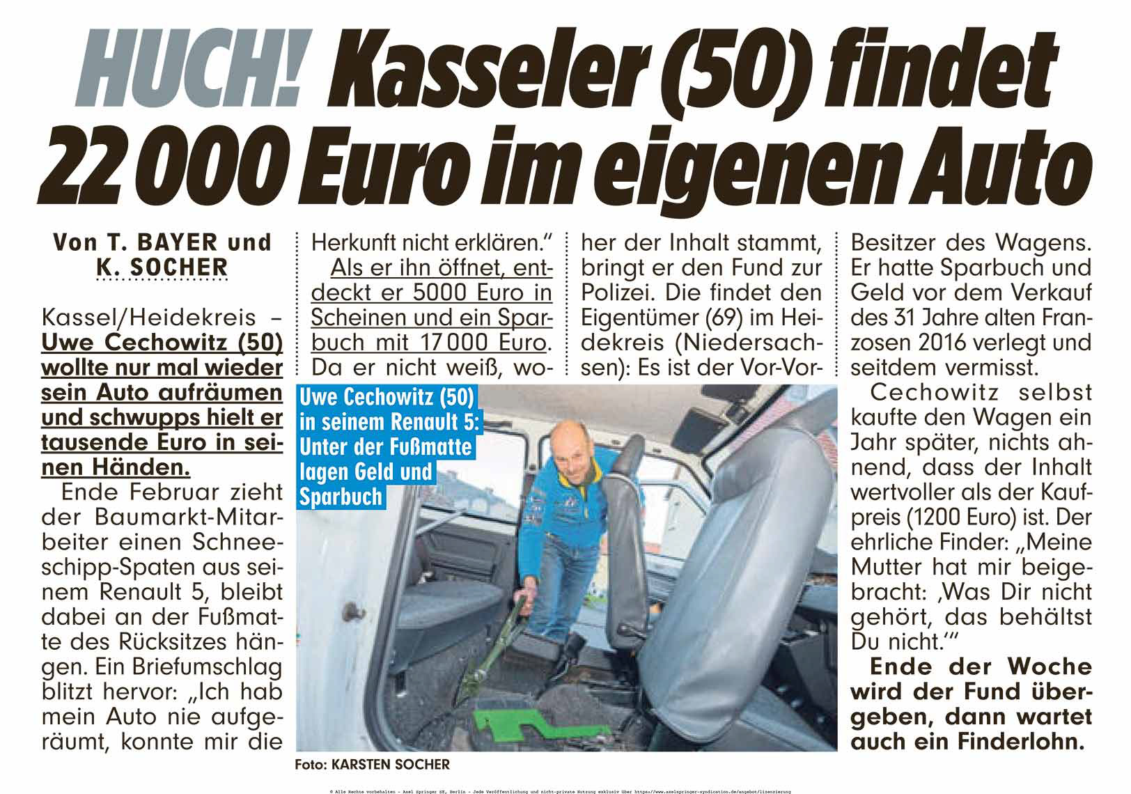 „HUCH! Kasseler (50) findet 22.000 Euro im eigenen Auto”; BILD Regionalausgabe Frankfurt Rhein-Main; 03. März 2021; Foto, Recherche, Video