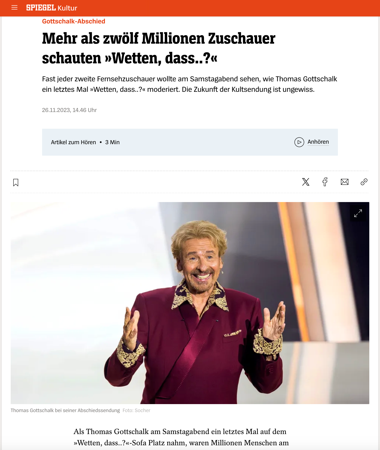 „Gottschalk-Abschied: Mehr als zwölf Millionen Zuschauer schauten »Wetten, dass..?«”; SPIEGEL Kultur; 26. November 2023; Foto