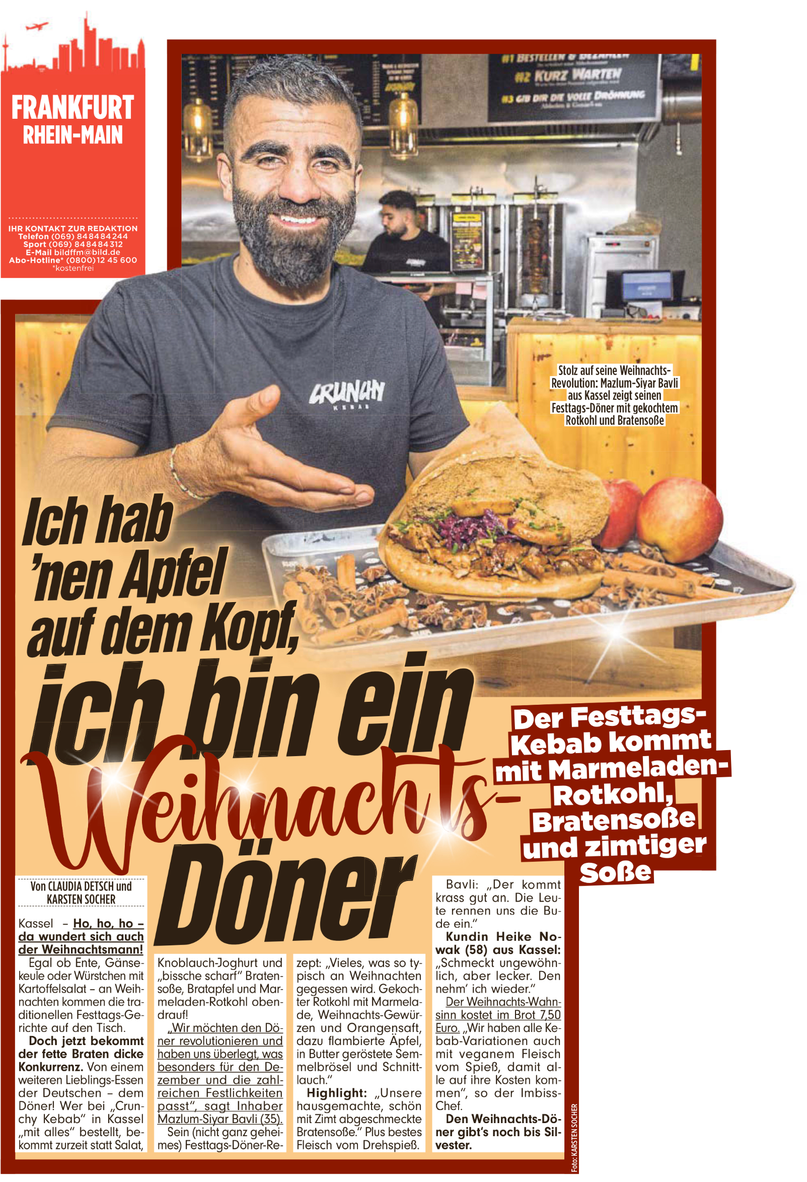 „Ich hab `nen Apfel auf dem Kopf, ich bin ein Weihnachts-Döner”; BILD Regionalausgabe Frankfurt Rhein-Main; 23. Dezember 2023; Fotos und Text
