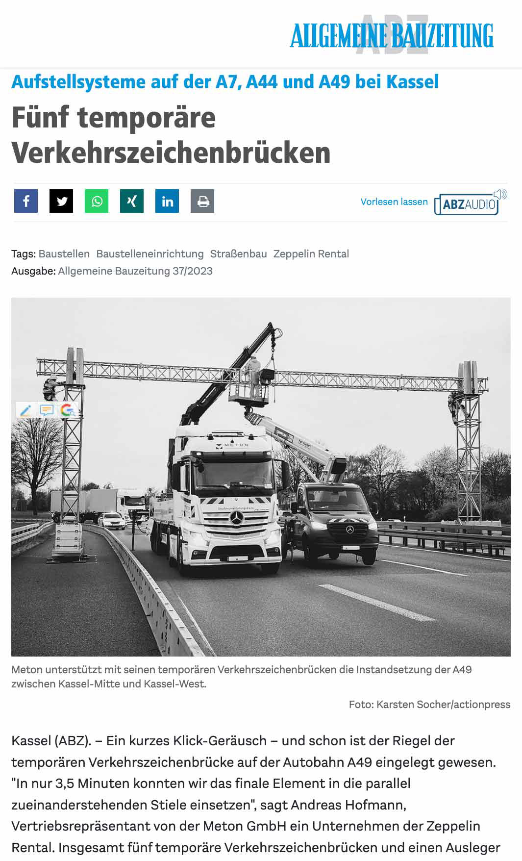 „Aufstellsysteme auf der A7, A44 und A49 bei Kassel: Fünf temporäre Verkehrszeichenbrücken”; Allgemeine Bauzeitung ; 18. September 2023; Foto