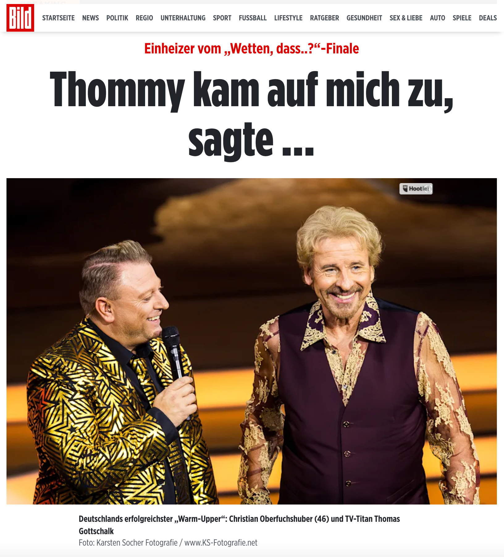 „Einheizer vom „Wetten, dass..?“-Finale: Thommy kam auf mich zu, sagte …”; BILD.de; 27. November 2023; Foto
