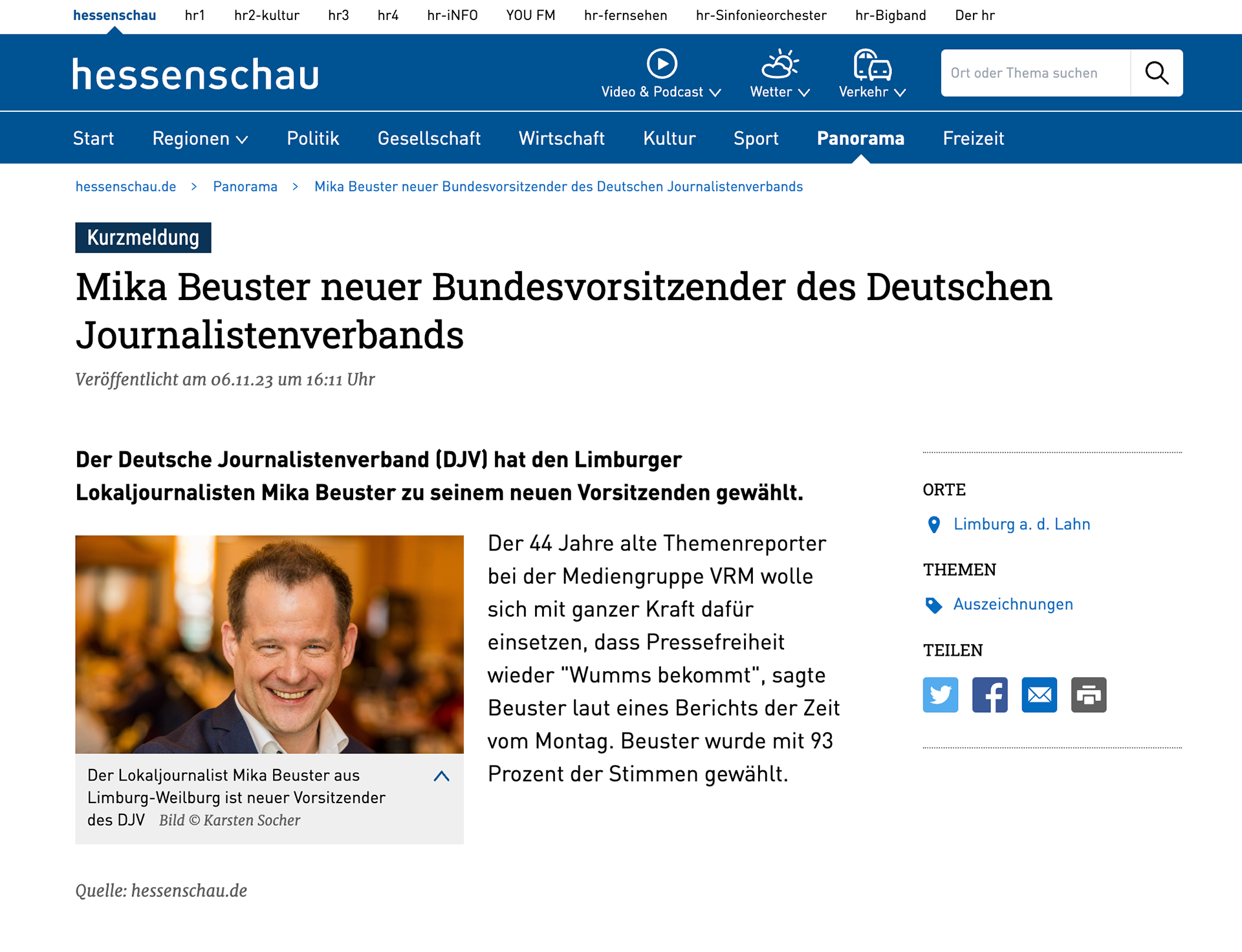 „Mika Beuster neuer Bundesvorsitzender des Deutschen Journalistenverbands”; Hessischer Rundfunk - Hessenschau; 06. November 2023; Fotos