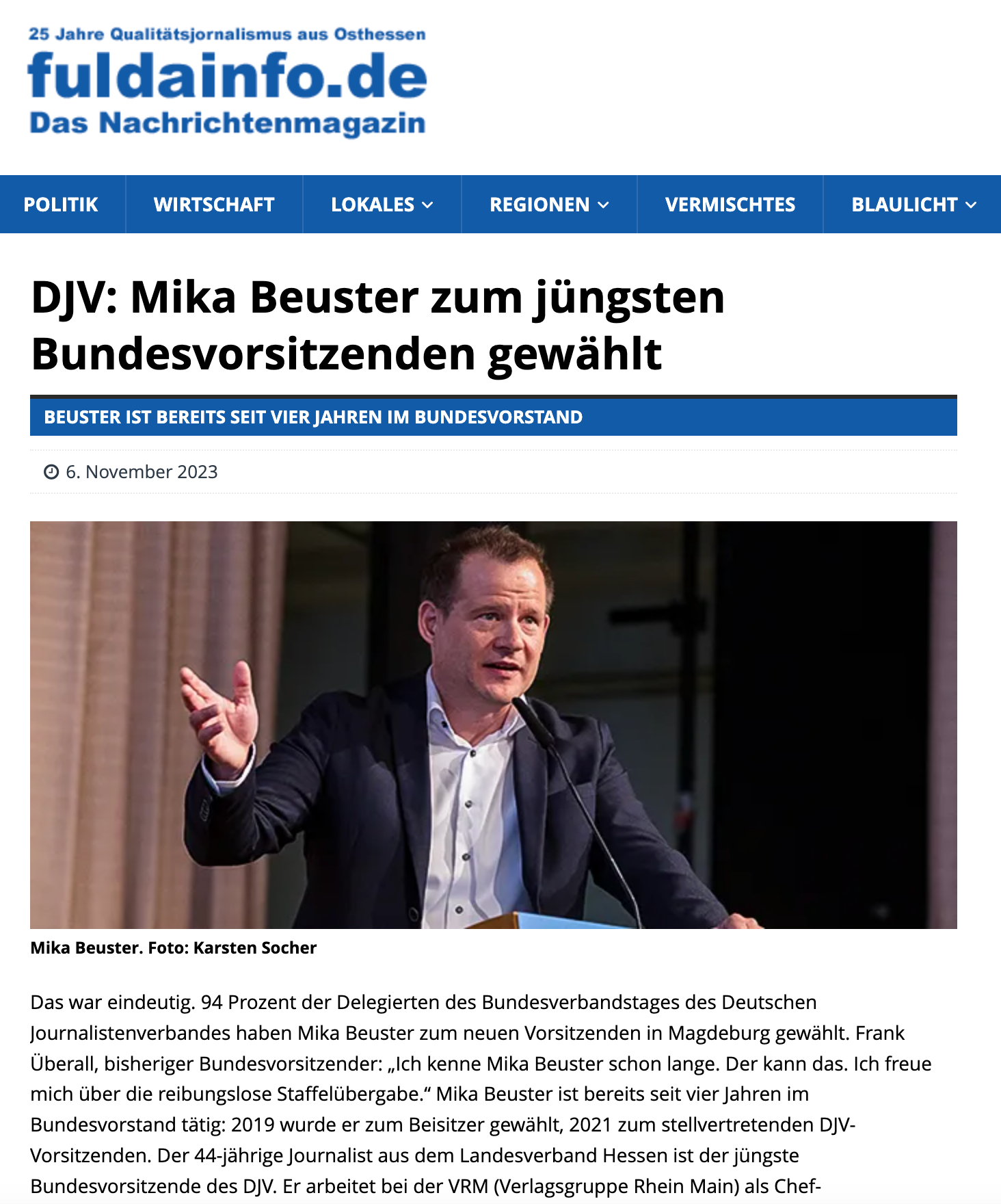 „DJV: Mika Beuster zum jüngsten Bundesvorsitzenden gewählt”; Fuldainfo.de; 06. November 2023; Fotos